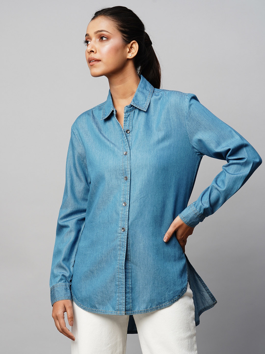 

Chemistry Denim Shirt Collar Cuffed Sleeves High Low Shirt Style Top, Blue