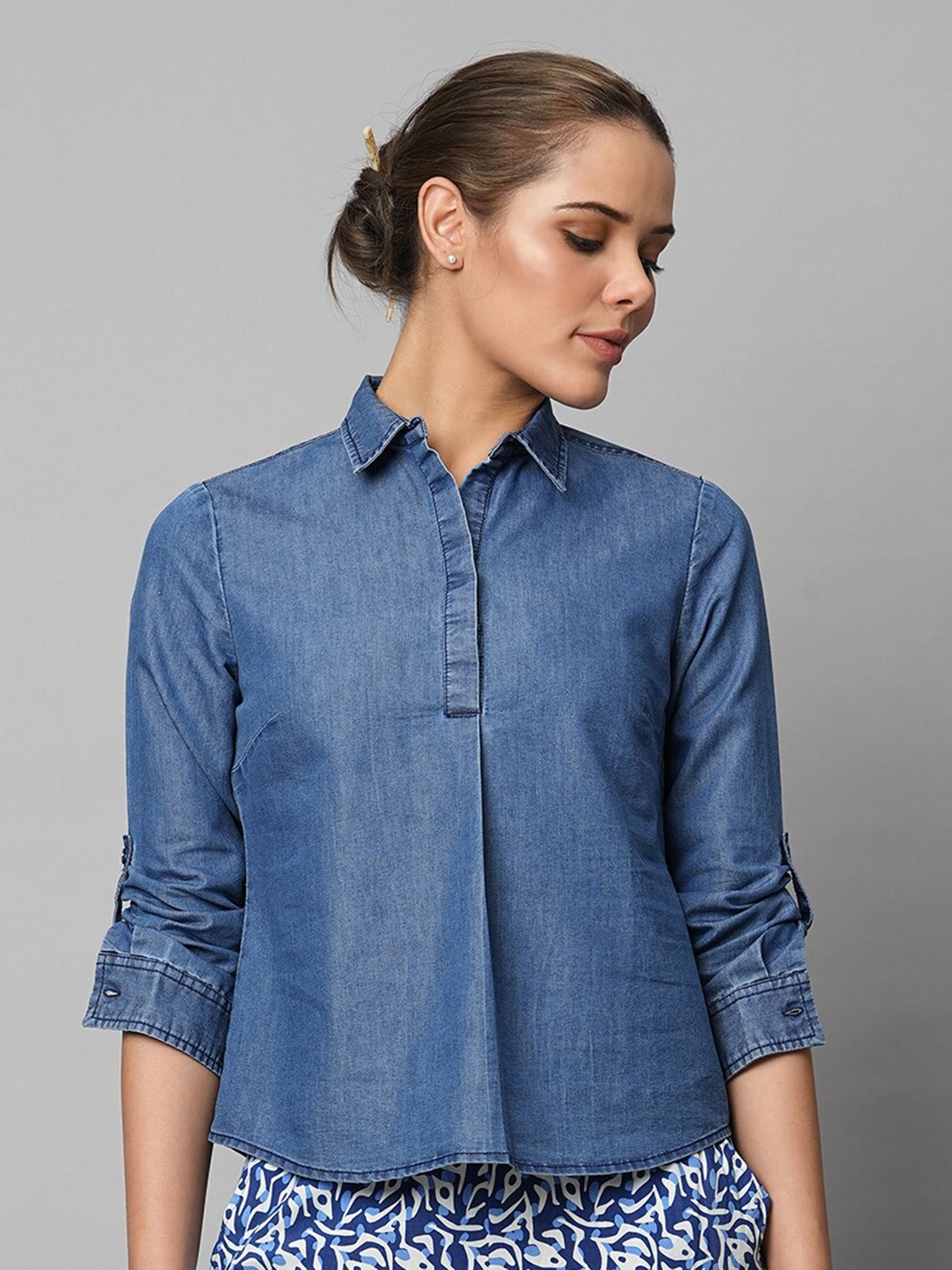 

Chemistry Shirt Style Denim Top, Blue