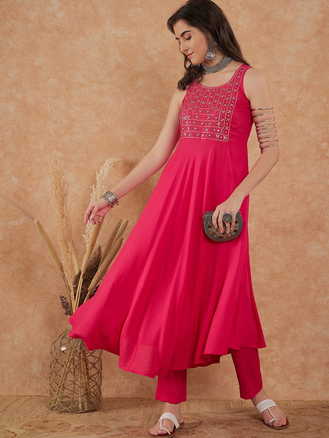 

Sangria Ethnic Motifs Mirror Work Embroidered A-Line Kurta With Trouser, Fuchsia