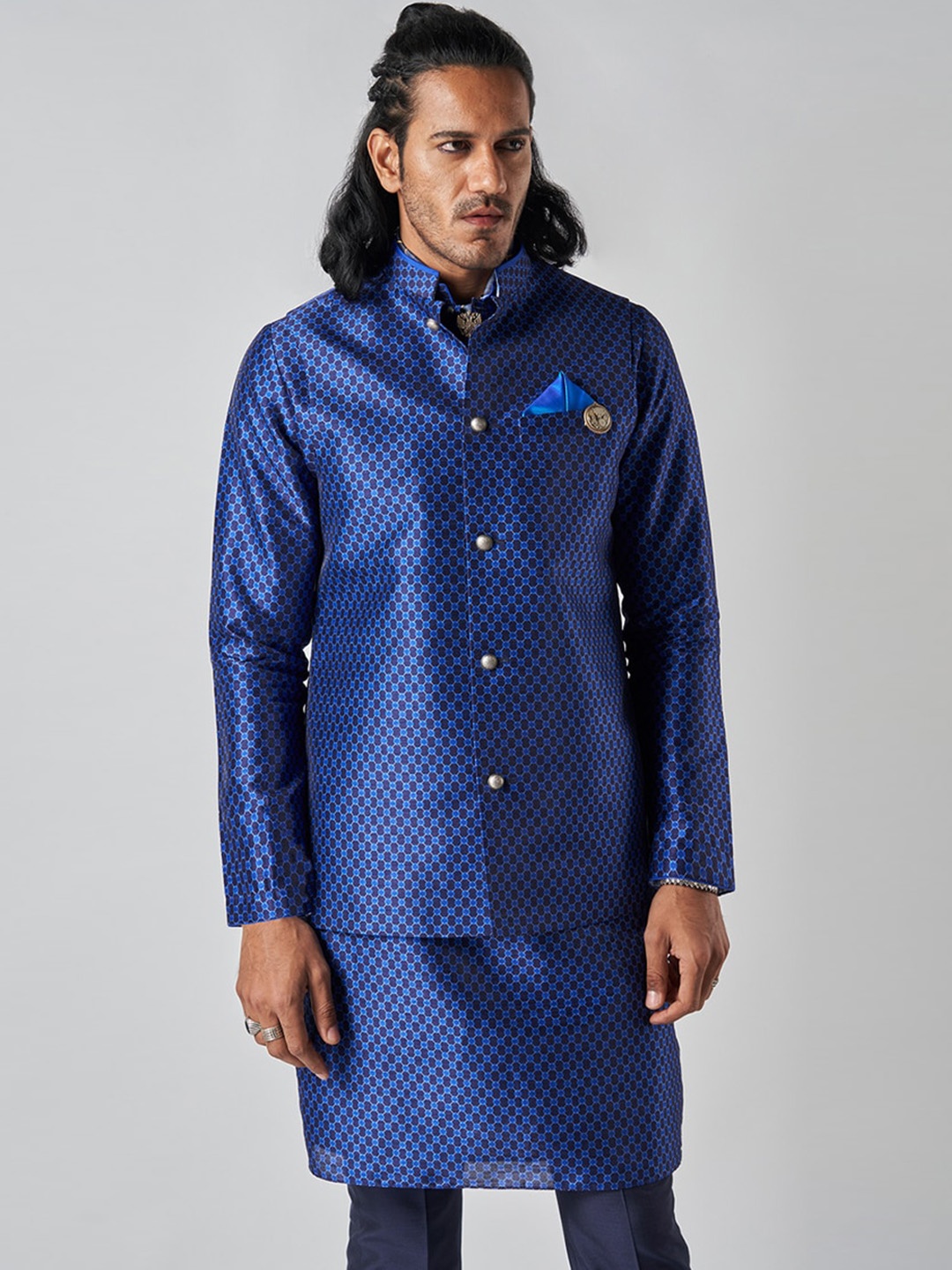 

Bubber Blu Printed Mandarin Collar Nehru Jacket, Blue