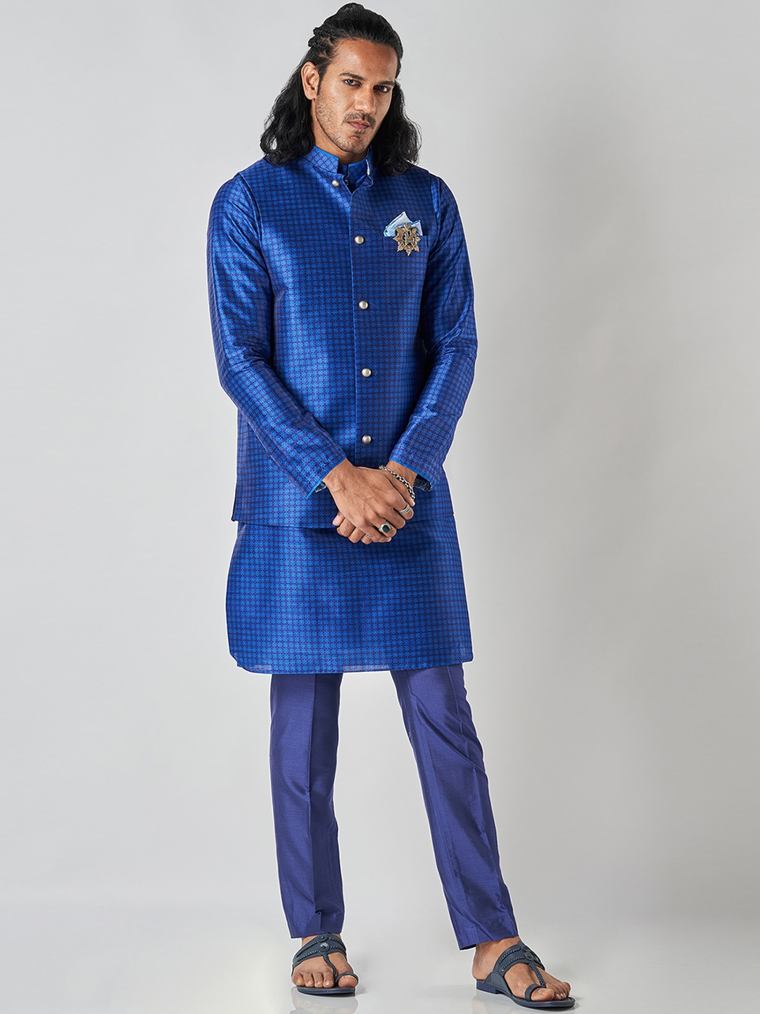 

Bubber Blu Printed Mandarin Collar Nehru Jacket, Blue