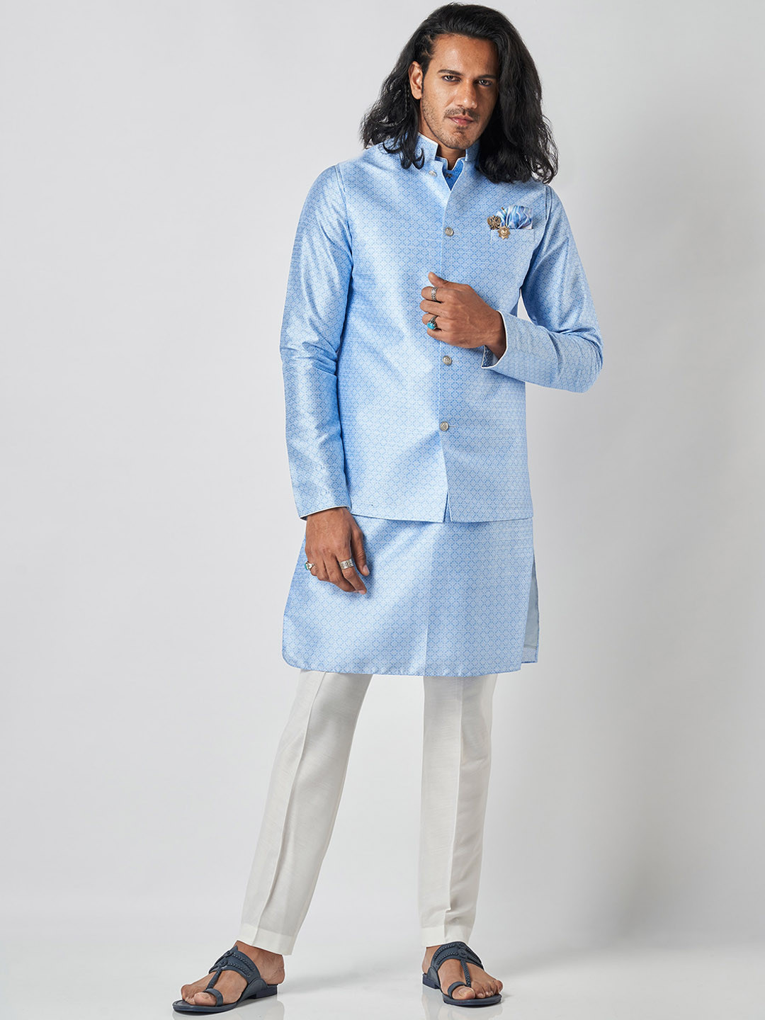 

Bubber Blu Printed Mandarin Collar Nehru Jacket, Blue