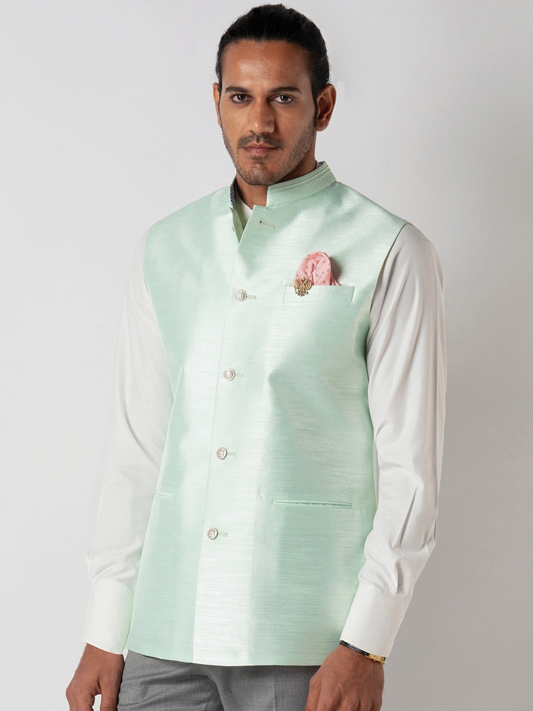 

Bubber Blu Mandarin Collar Nehru Jacket, Green
