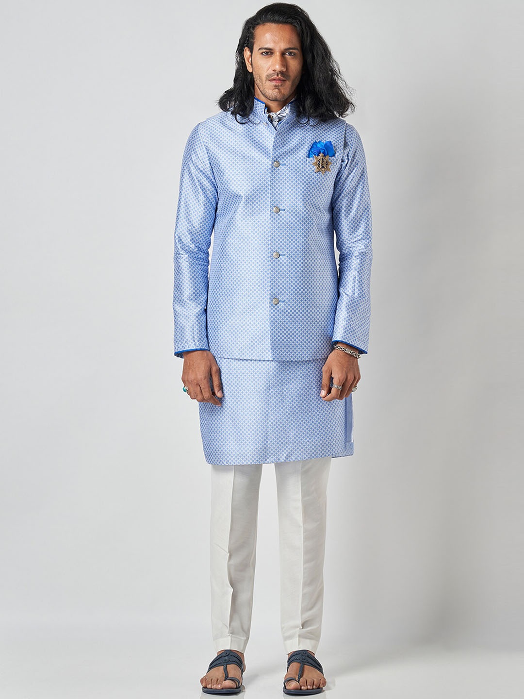 

Bubber Blu Printed Mandarin Collar Nehru Jacket, Blue