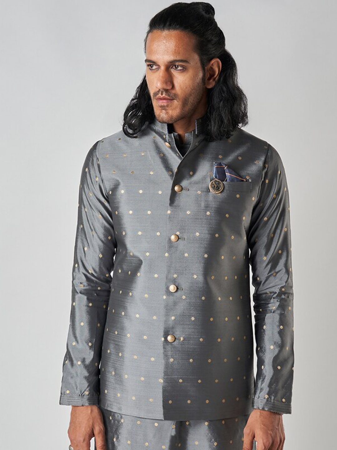 

Bubber Blu Woven Design Mandarin Collar Nehru Jacket, Grey