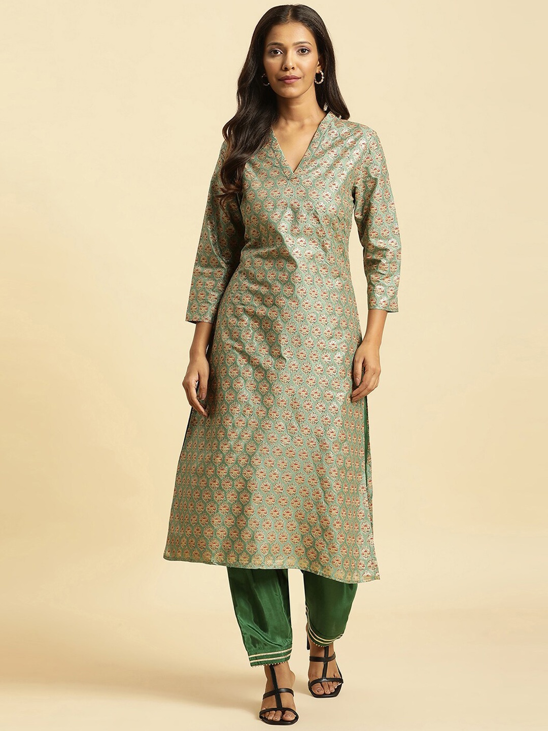 

W Floral Woven Design A-Line Kurta, Green