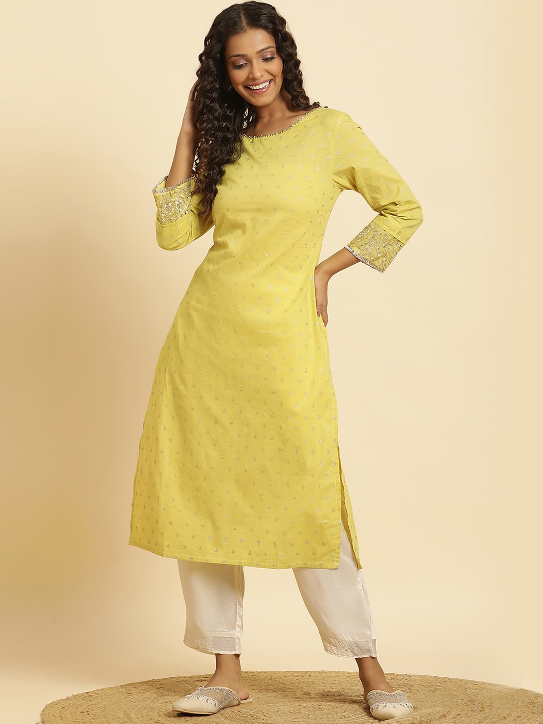 

W Floral Printed Cotton Straight Kurta, Yellow
