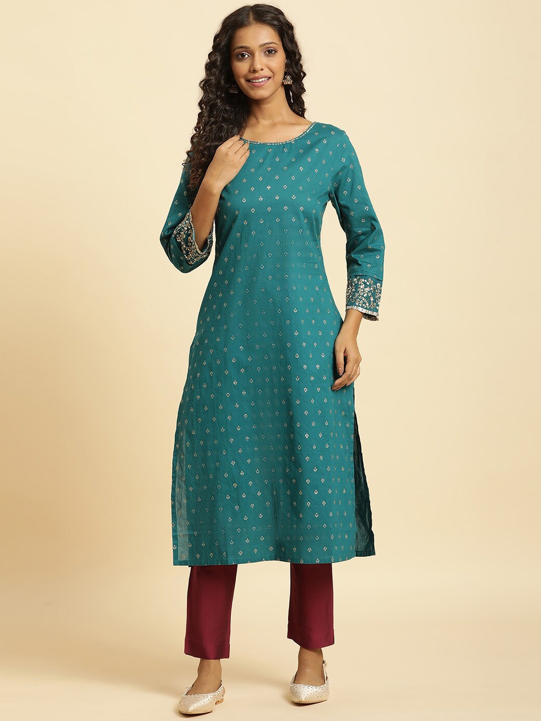 

W Ethnic Motifs Printed Pure Cotton Anarkali Kurta, Blue