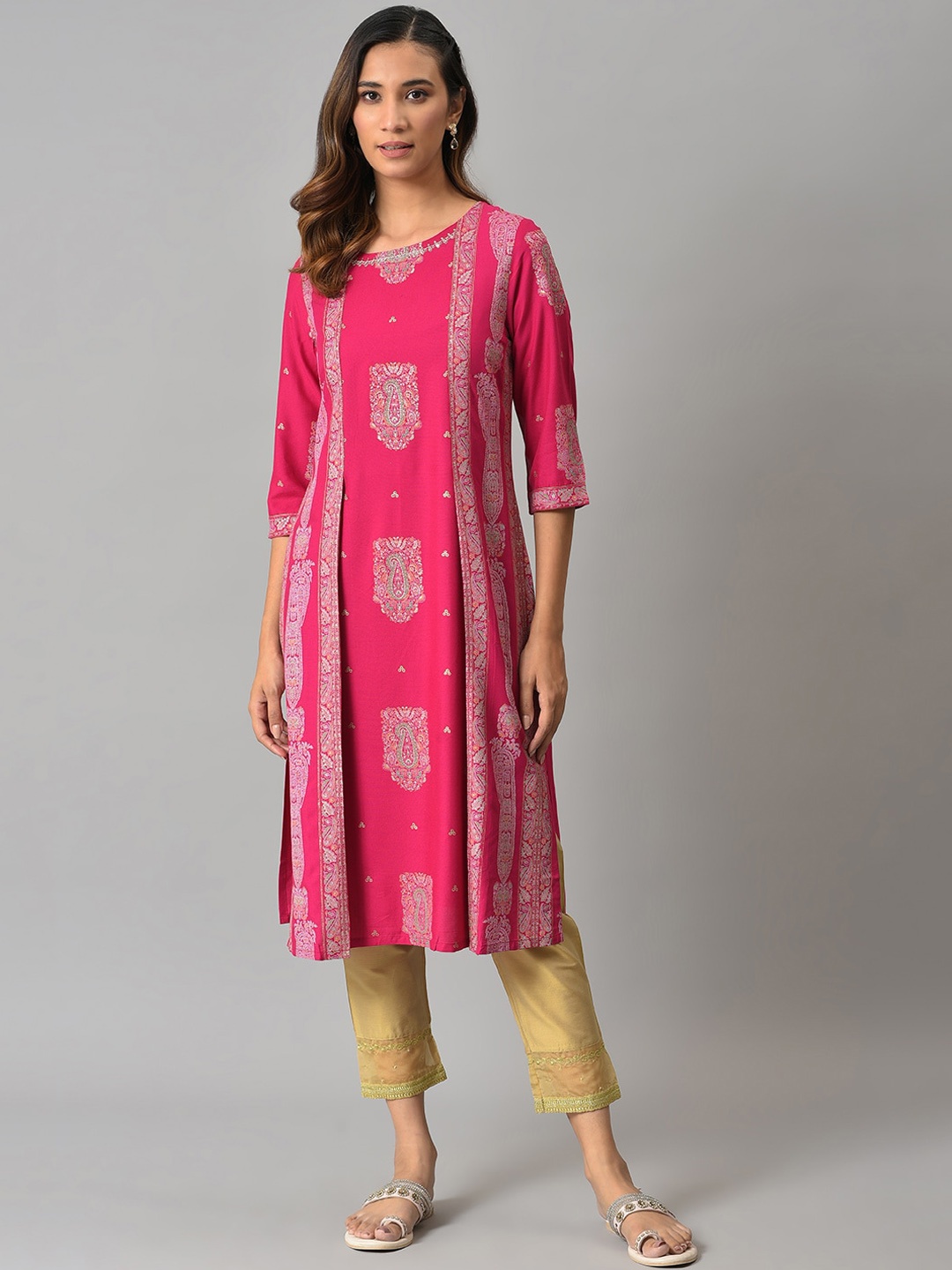 

W Ethnic Motifs Printed A-Line Kurta, Pink