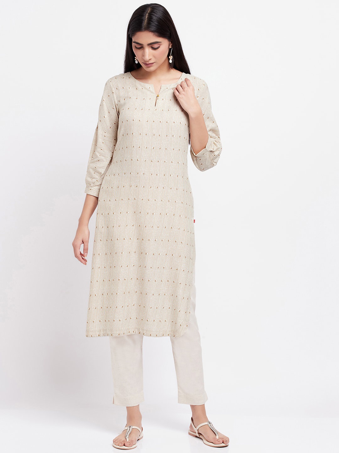 

W Striped Notched Neck Straight Kurta, Beige