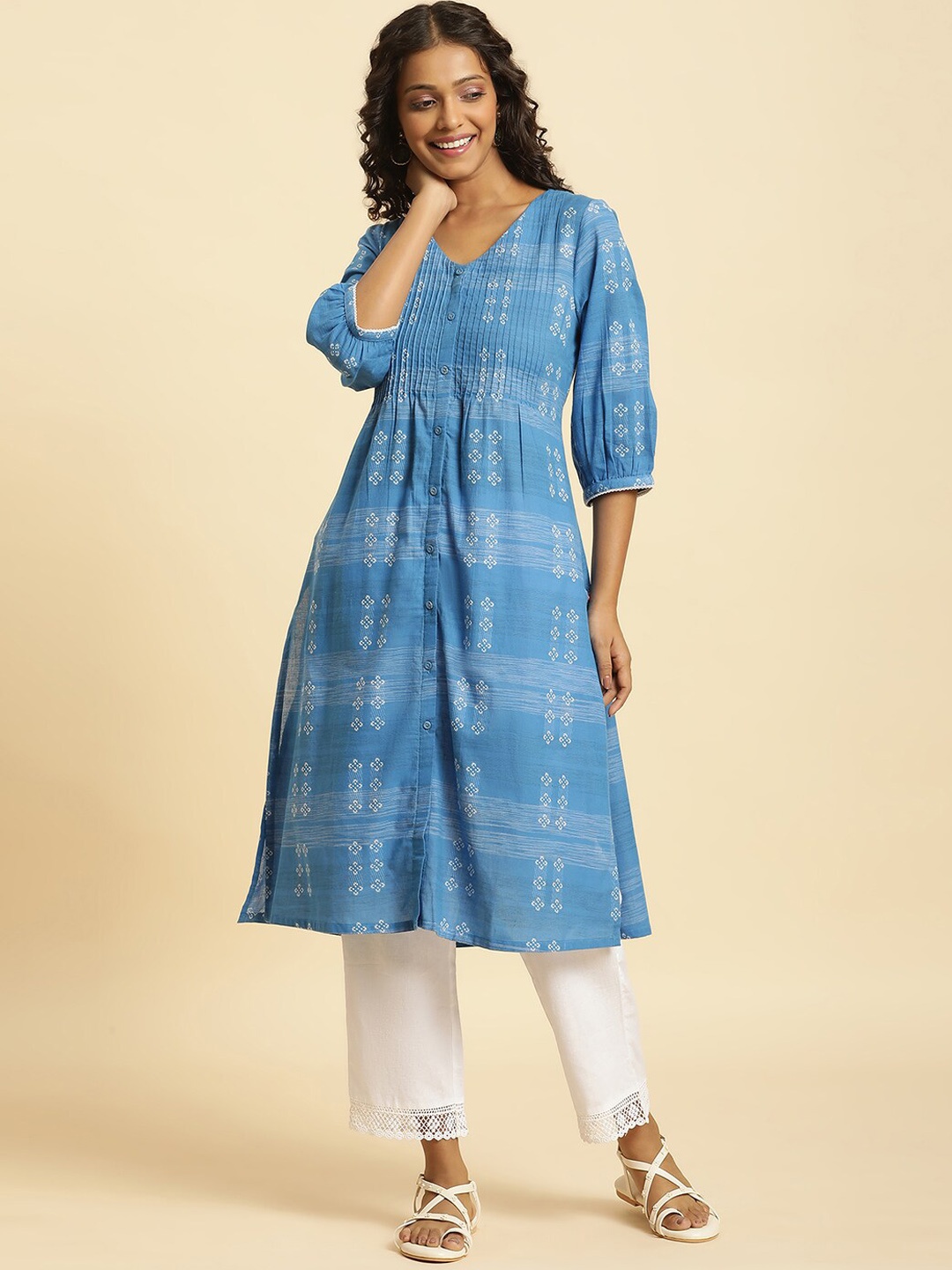 

W Floral Woven Design Puffed Sleeves Panelled Pure Cotton A-Line Kurta, Blue