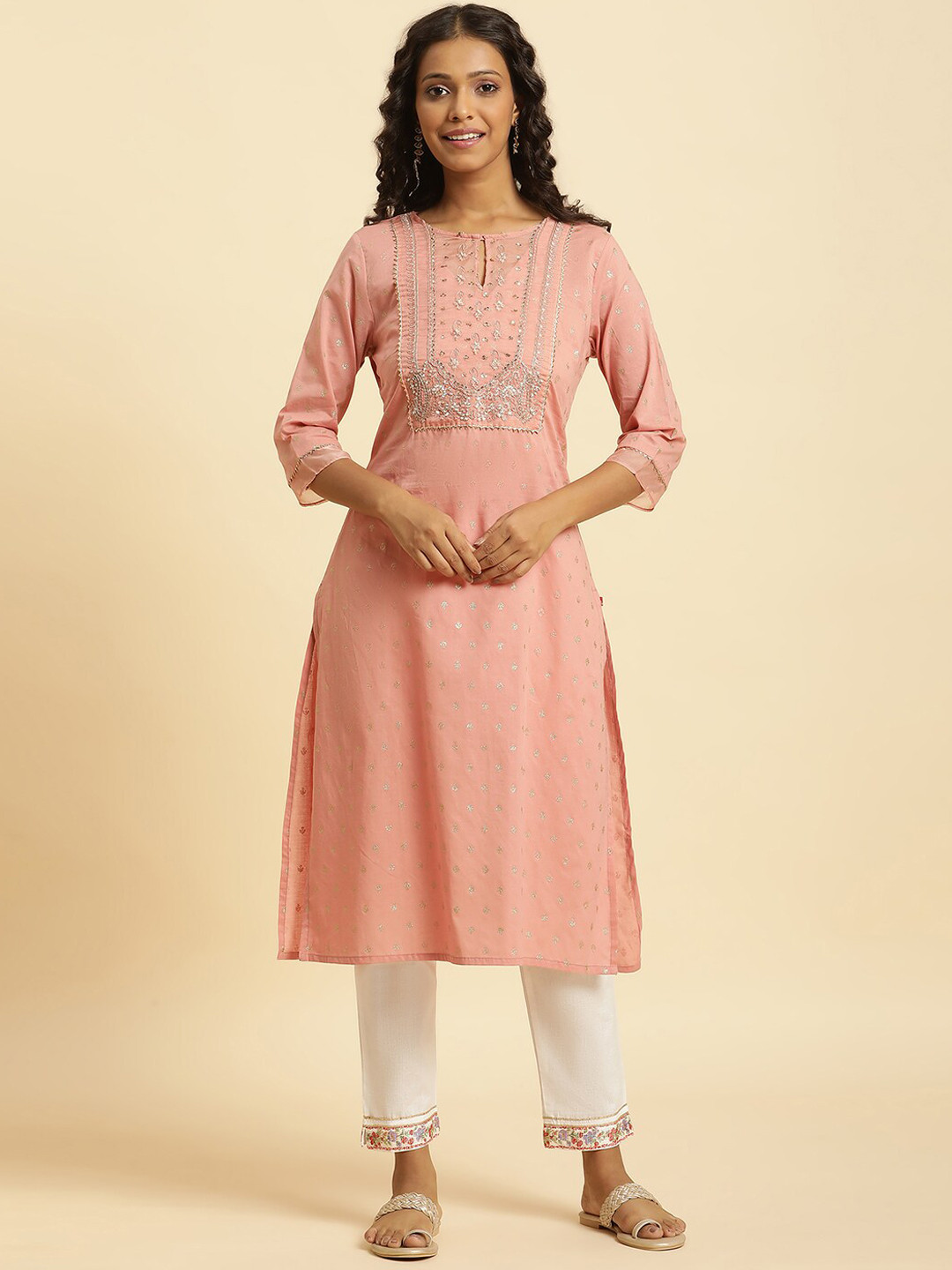

W Floral Embroidered Sequinned Pure Cotton Straight Kurta, Peach