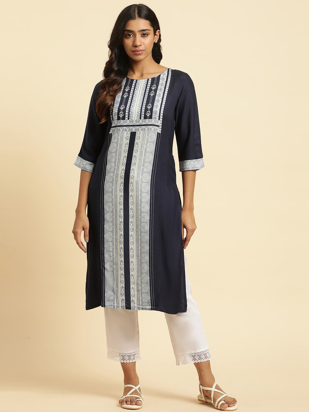 

W Ethnic Motifs Printed Straight Kurta, Blue