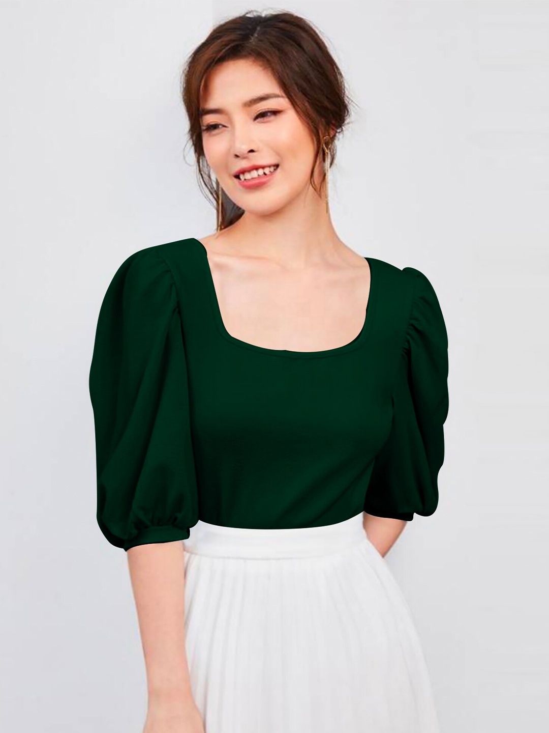 

Dream Beauty Fashion Scoop Neck Puff Sleeves Top, Green