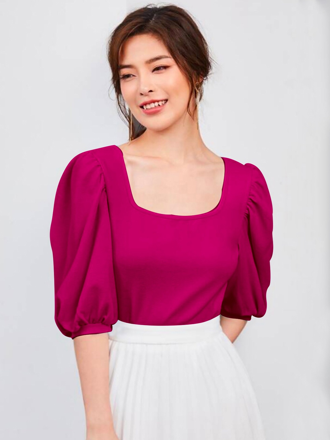 

Dream Beauty Fashion Scoop Neck Puff Sleeves Top, Pink