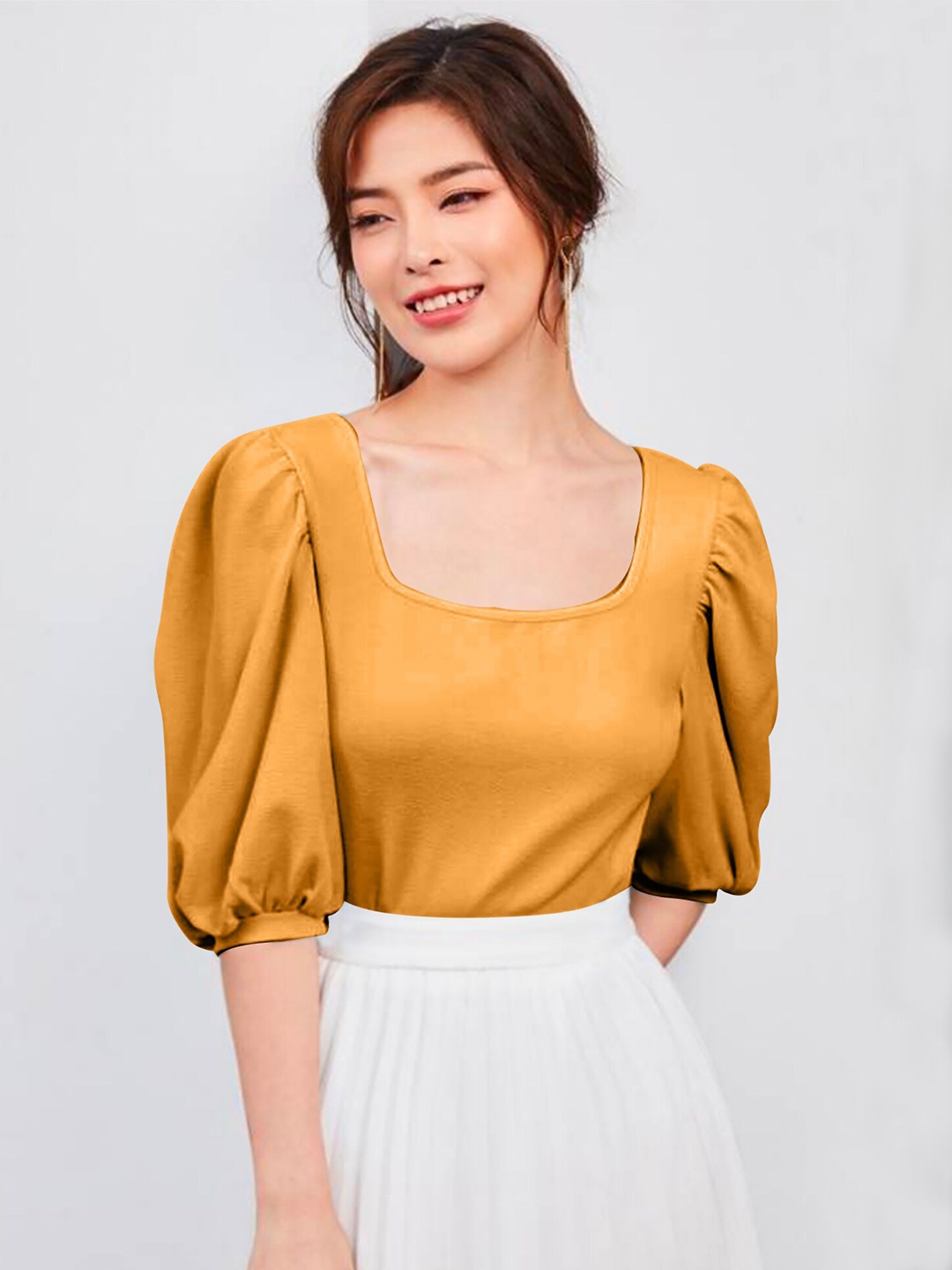 

Dream Beauty Fashion Scoop Neck Puff Sleeves Top, Yellow