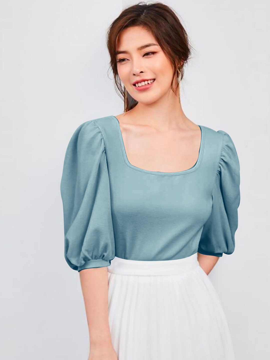 

Dream Beauty Fashion Scoop Neck Puff Sleeves Top, Turquoise blue