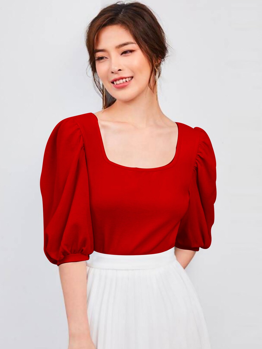 

Dream Beauty Fashion Scoop Neck Puff Sleeves Top, Red