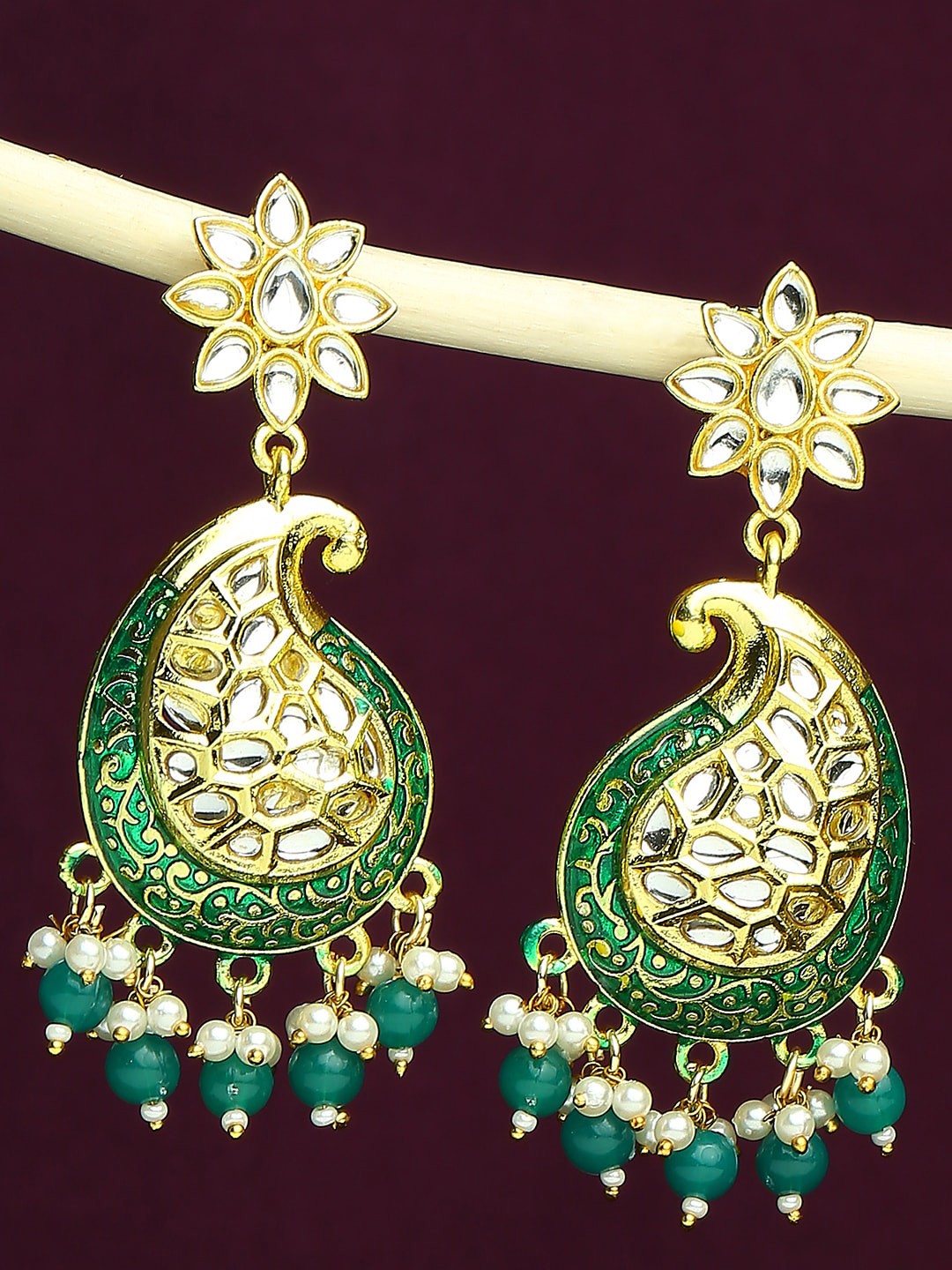 

OOMPH Kundan Studded Enamelled Paisley Shaped Drop Earrings, Gold