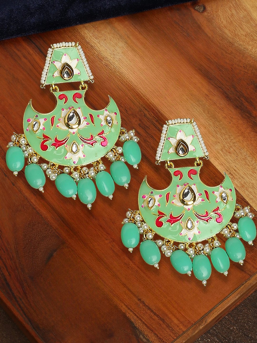 

OOMPH Kundan Studded Enamelled Floral Chandbalis Earrings, Gold