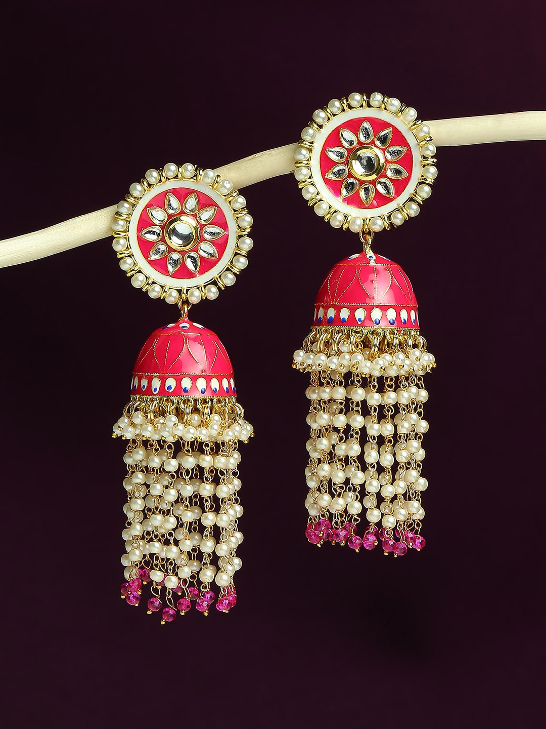 

OOMPH Meenakari Dome Shaped Beaded Jhumkas, Gold
