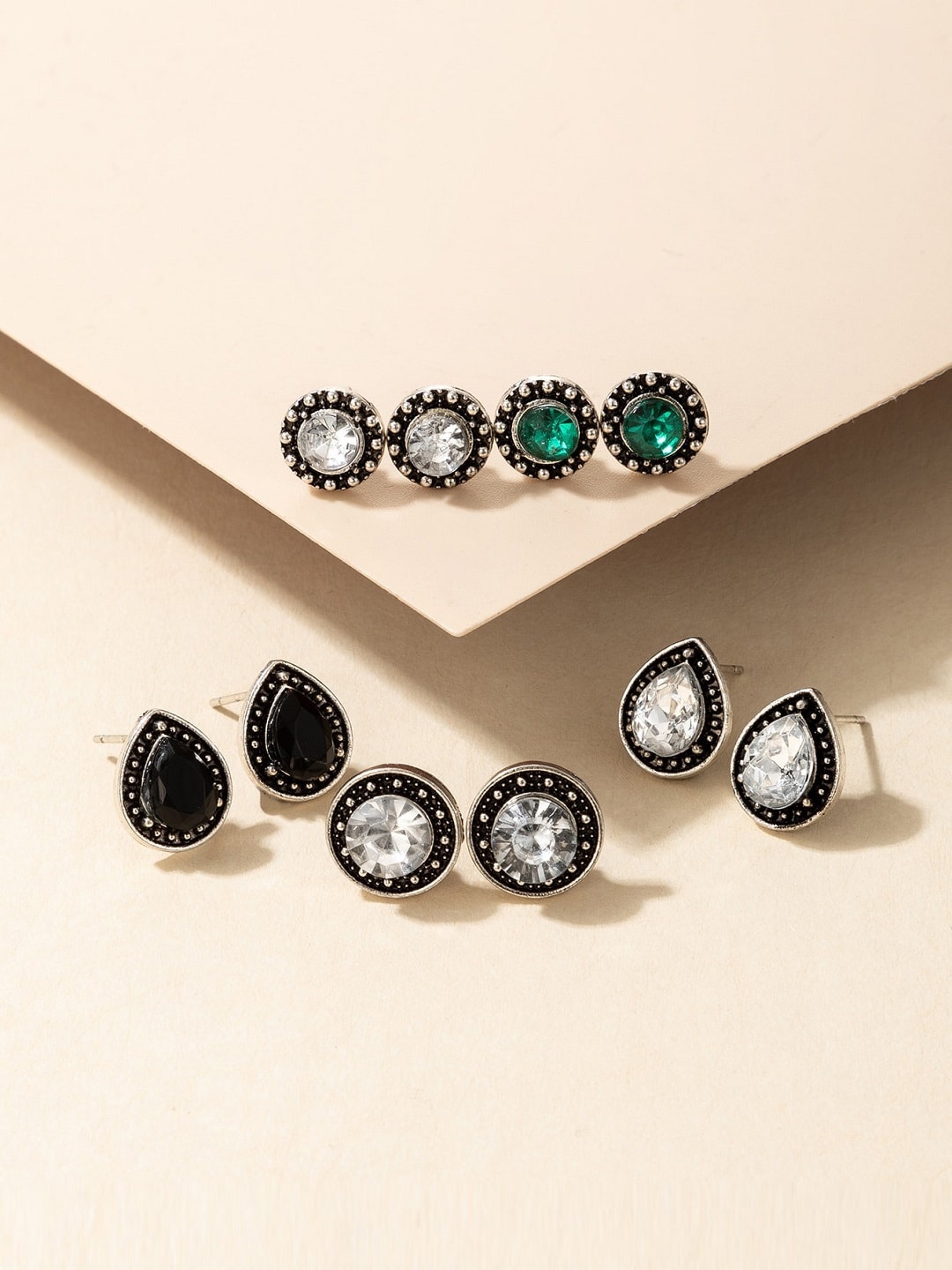 

OOMPH Set Of 5 Oxidised Stone Studded Stud Earrings, Silver