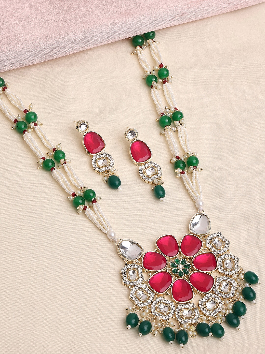 

OOMPH Long Mala Jadau Kundan-Studded Jewellery Set, Green
