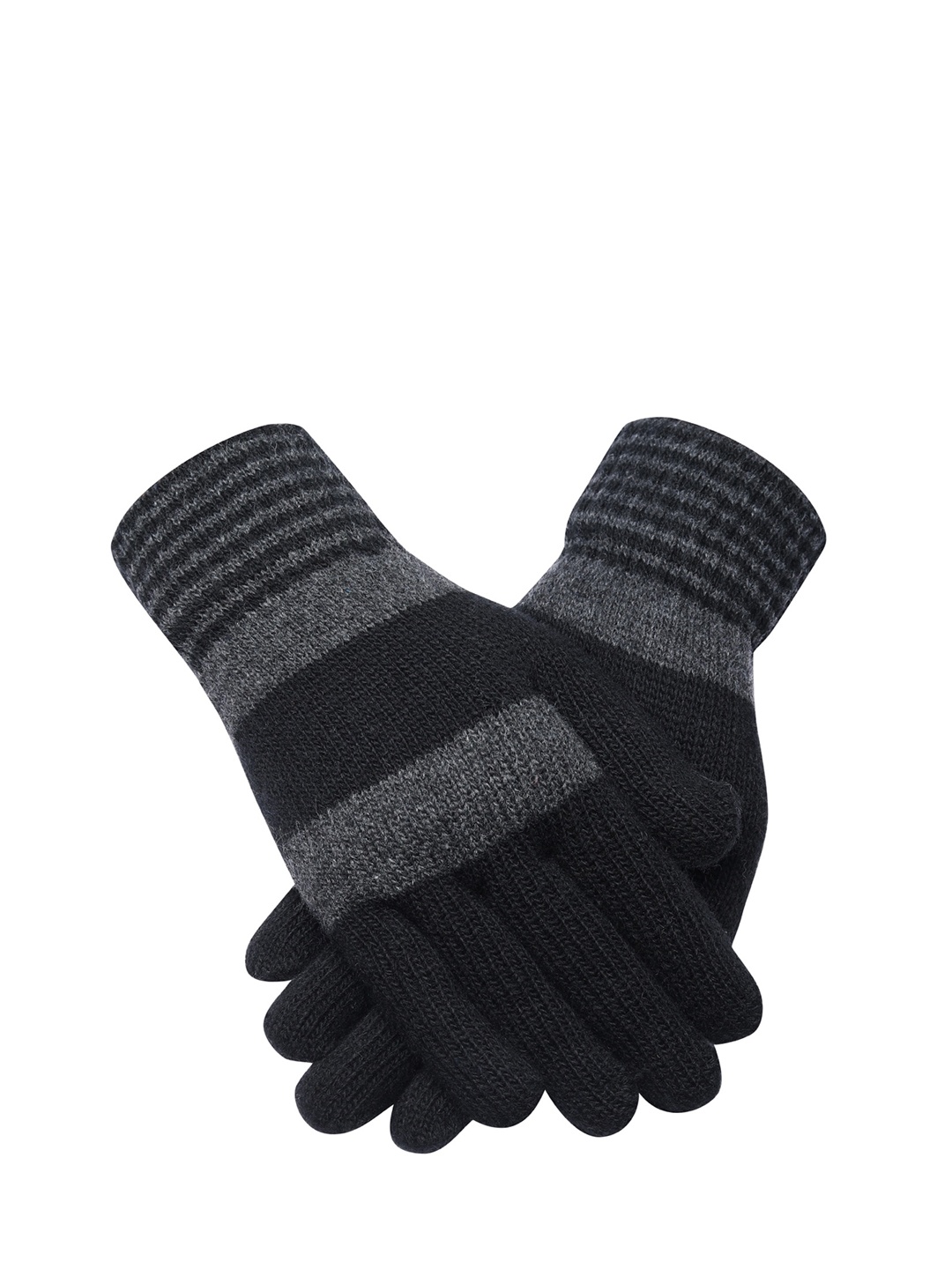 

LOOM LEGACY Men Stripes Winter Acrylic Woolen Hand Gloves, Black