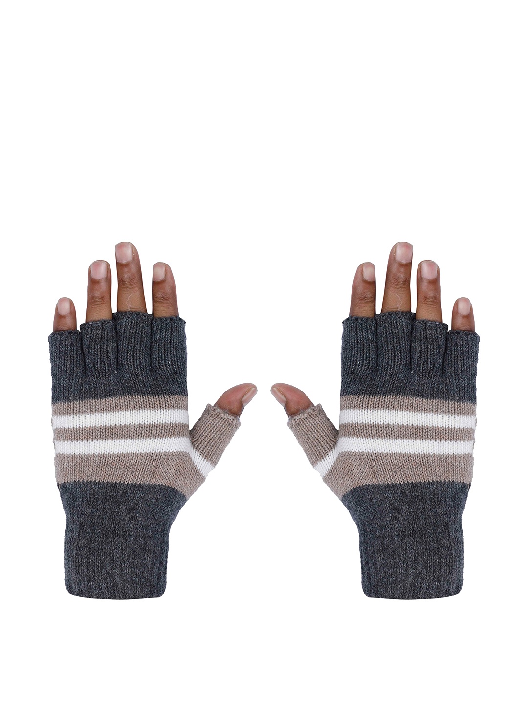 

LOOM LEGACY Men Striped Winter Acrylic Woolen Half Finger Hand Gloves, Grey melange