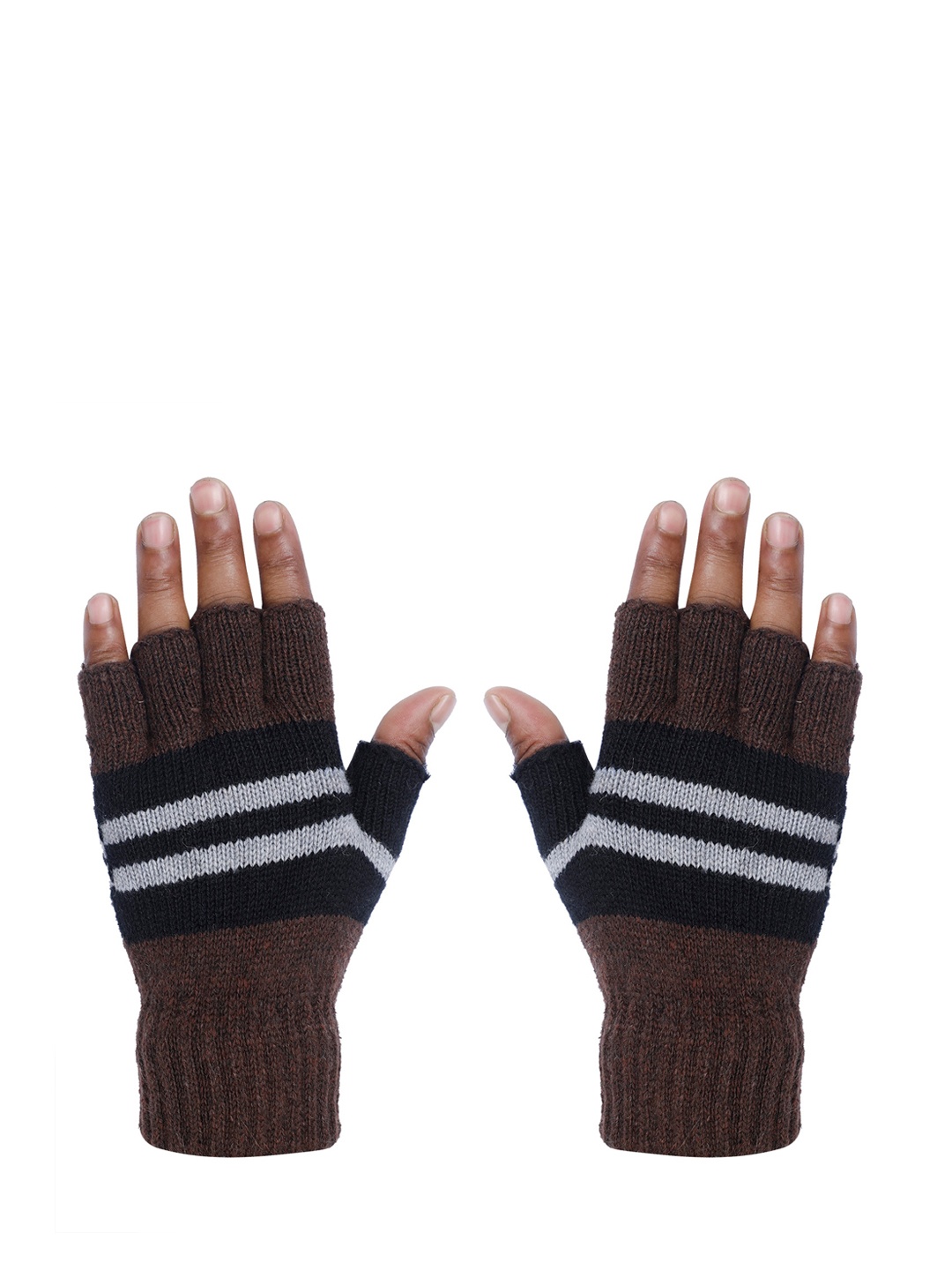 

LOOM LEGACY Men Striped Winter Acrylic Woollen Hand Gloves, Brown