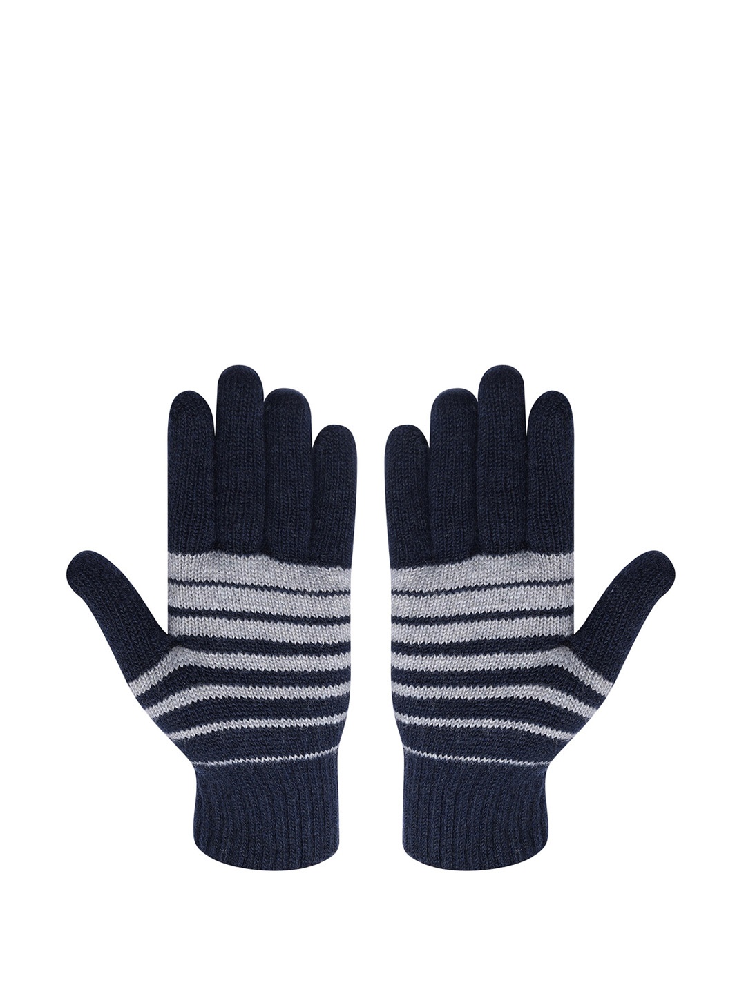 

LOOM LEGACY Men Striped Winter Acrylic Woolen Hand Gloves, Navy blue