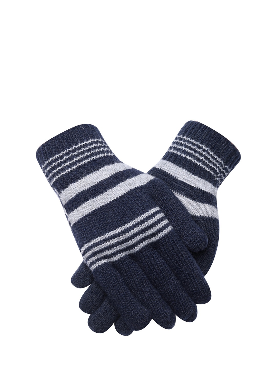 

LOOM LEGACY Men Striped Winter Acrylic Woolen Hand Gloves, Navy blue