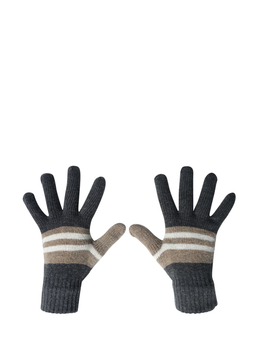 

LOOM LEGACY Men Stripes Acrylic Woolen Hand Gloves, Grey melange