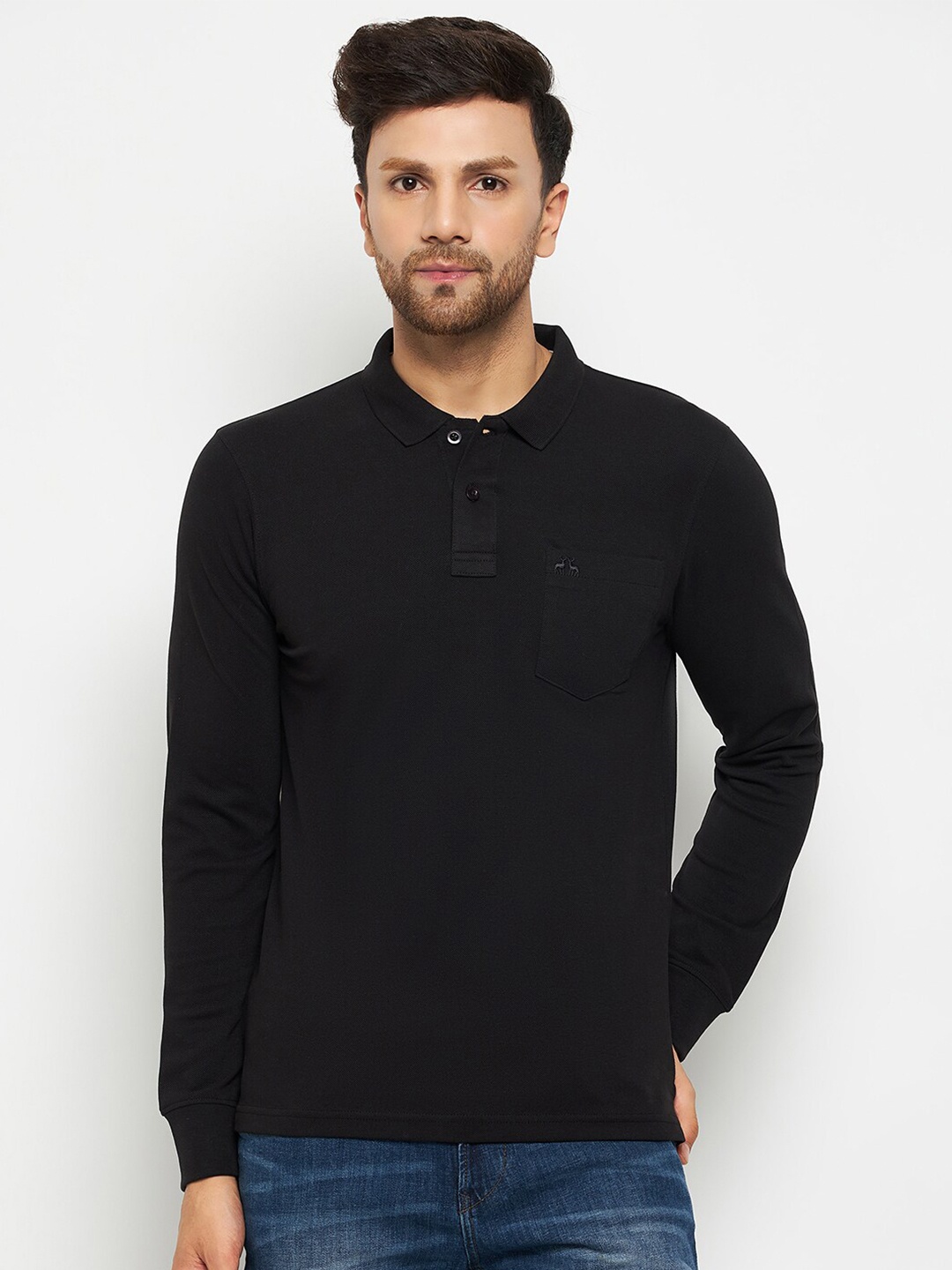 

98 Degree North Polo Collar Long Sleeve Pockets Cotton Regular T-shirt, Black
