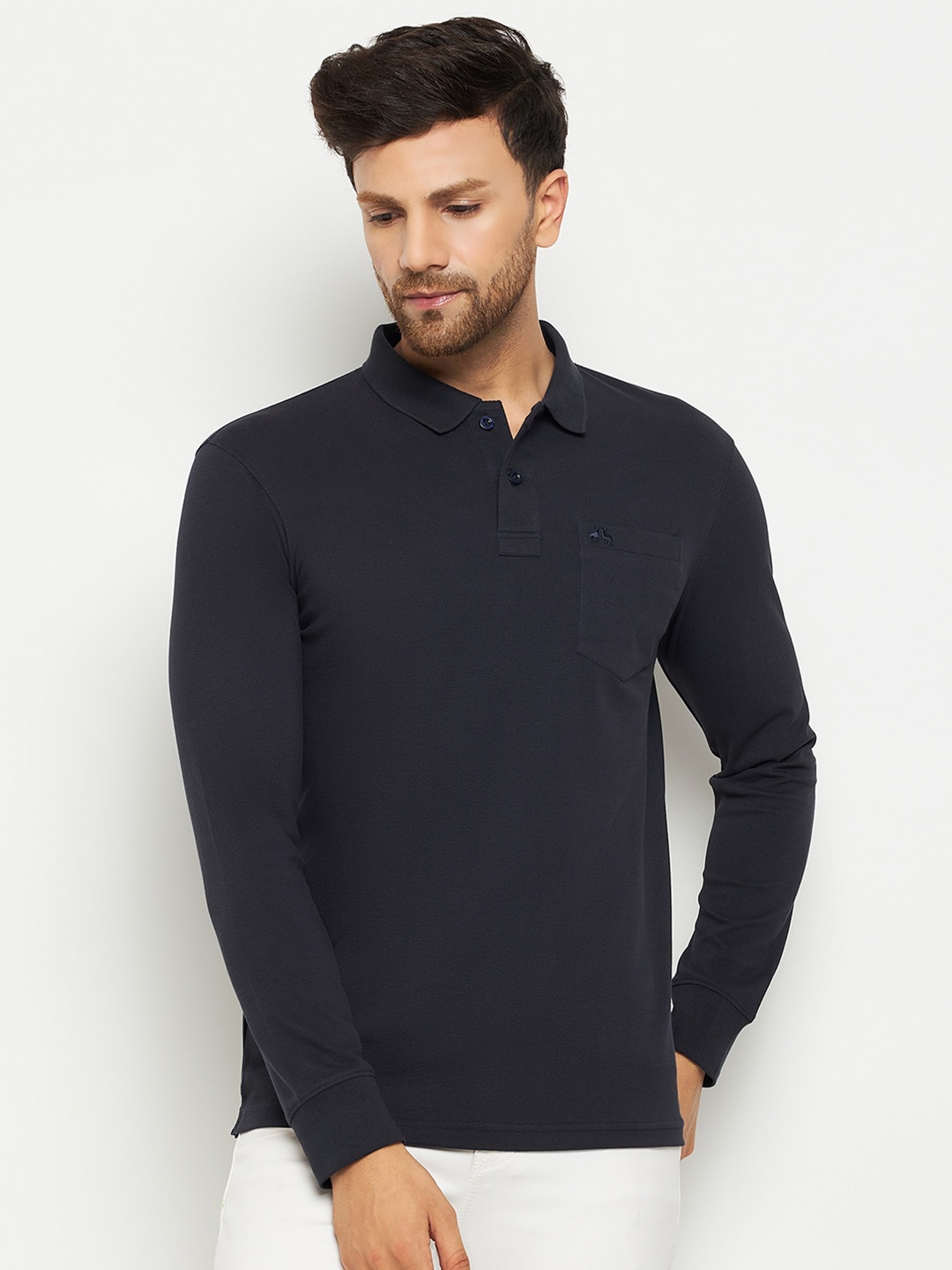 

98 Degree North Polo Collar Long Sleeve Pockets Cotton Regular T-shirt, Navy blue