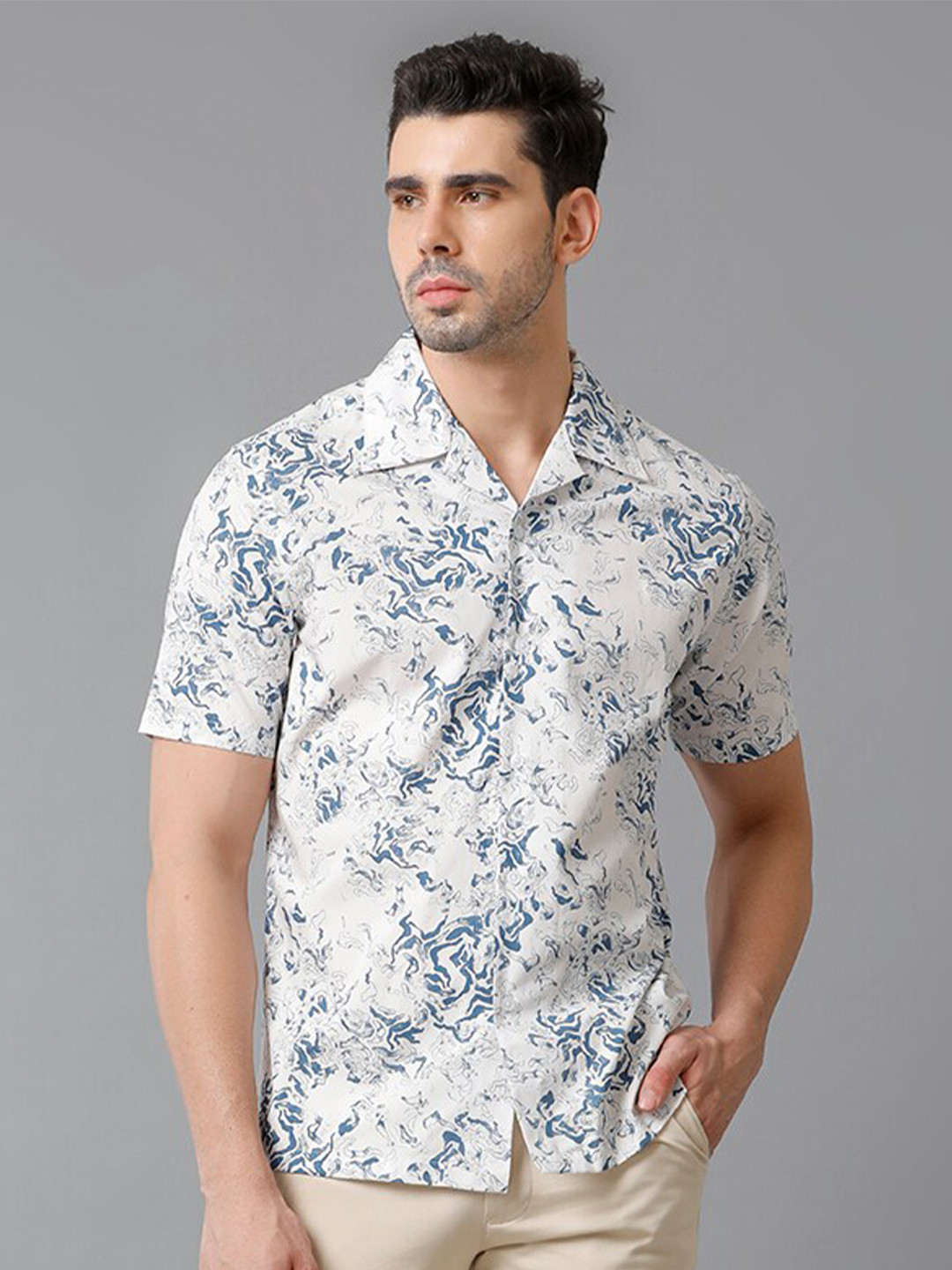 

Aldeno Comfort Abstract Printed Spread Collar Organic Cotton Casual Shirt, White