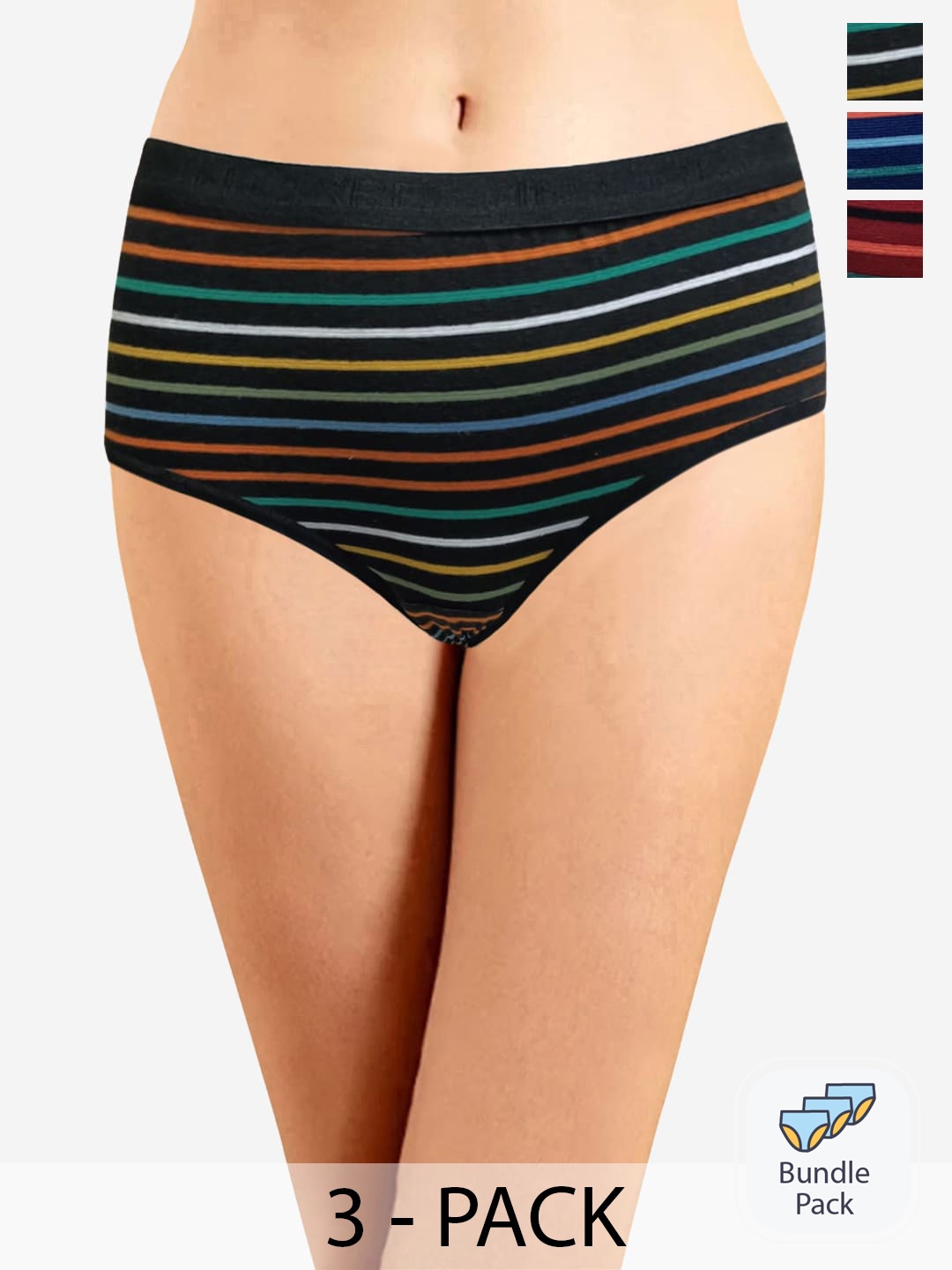 

In Care Pack Of 3 Striped Mid-Rise Cotton Hipster Brief ICOE-084_M, Black