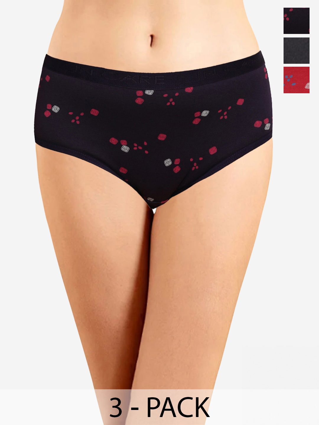

In Care Pack Of 3 Geometric Printed Mid-Rise Cotton Hipster Brief ICOE-070_M, Black