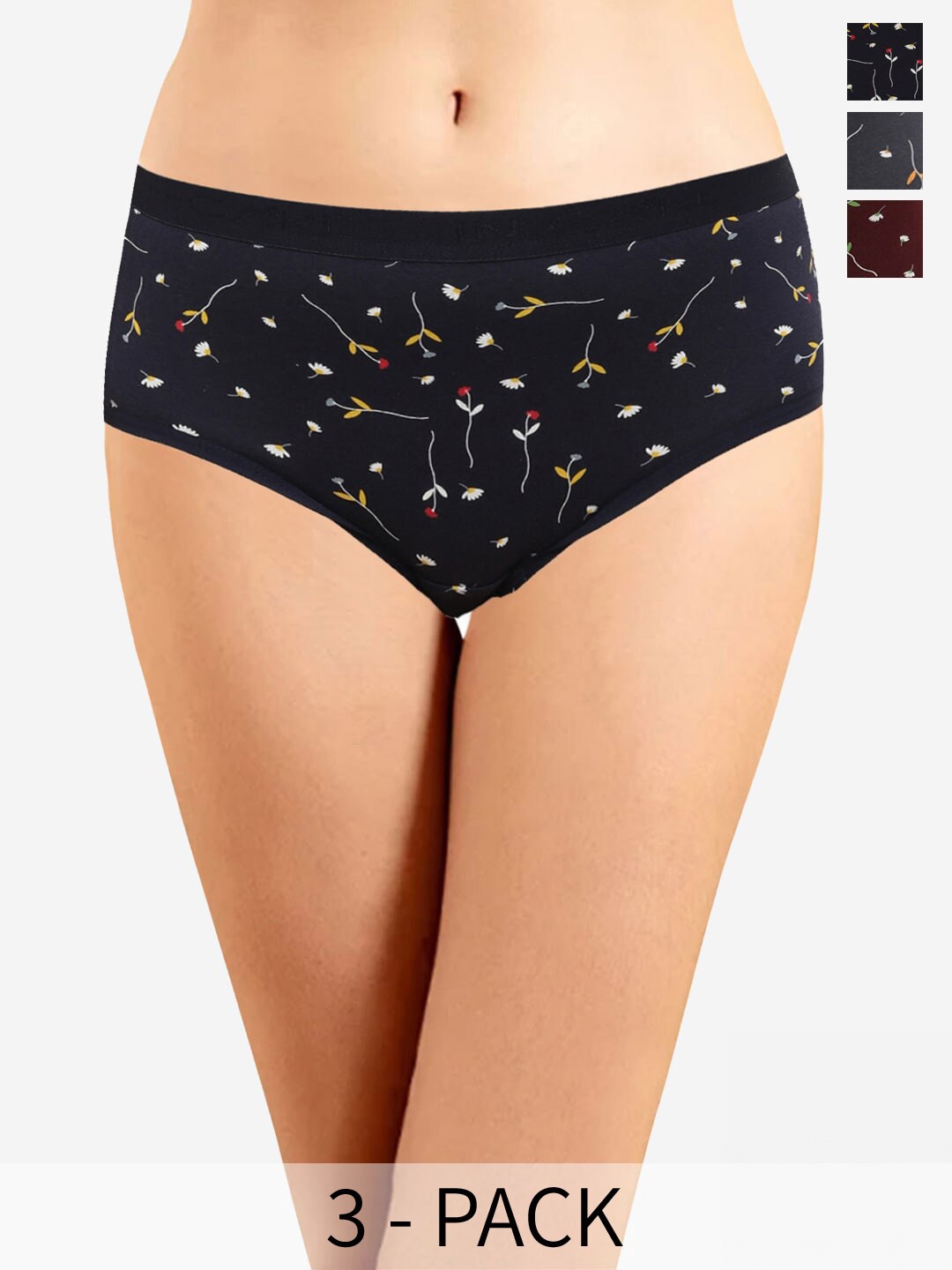 

In Care Pack Of 3 Floral Printed Mid-Rise Cotton Hipster Brief ICOE-071_M, Black
