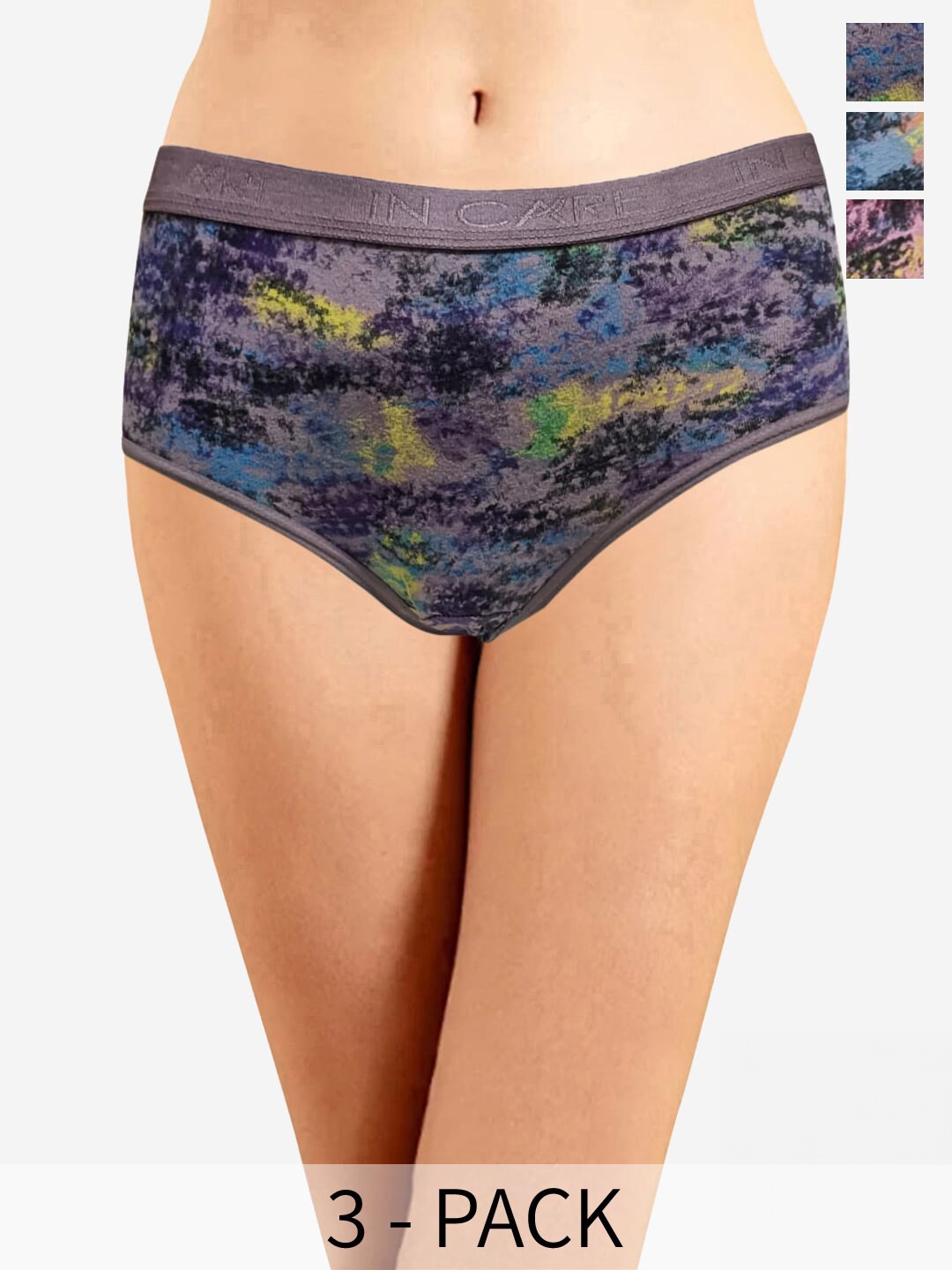 

In Care Pack Of 3 Abstract Printed Mid-Rise Cotton Hipster Brief ICOE-082_M, Grey