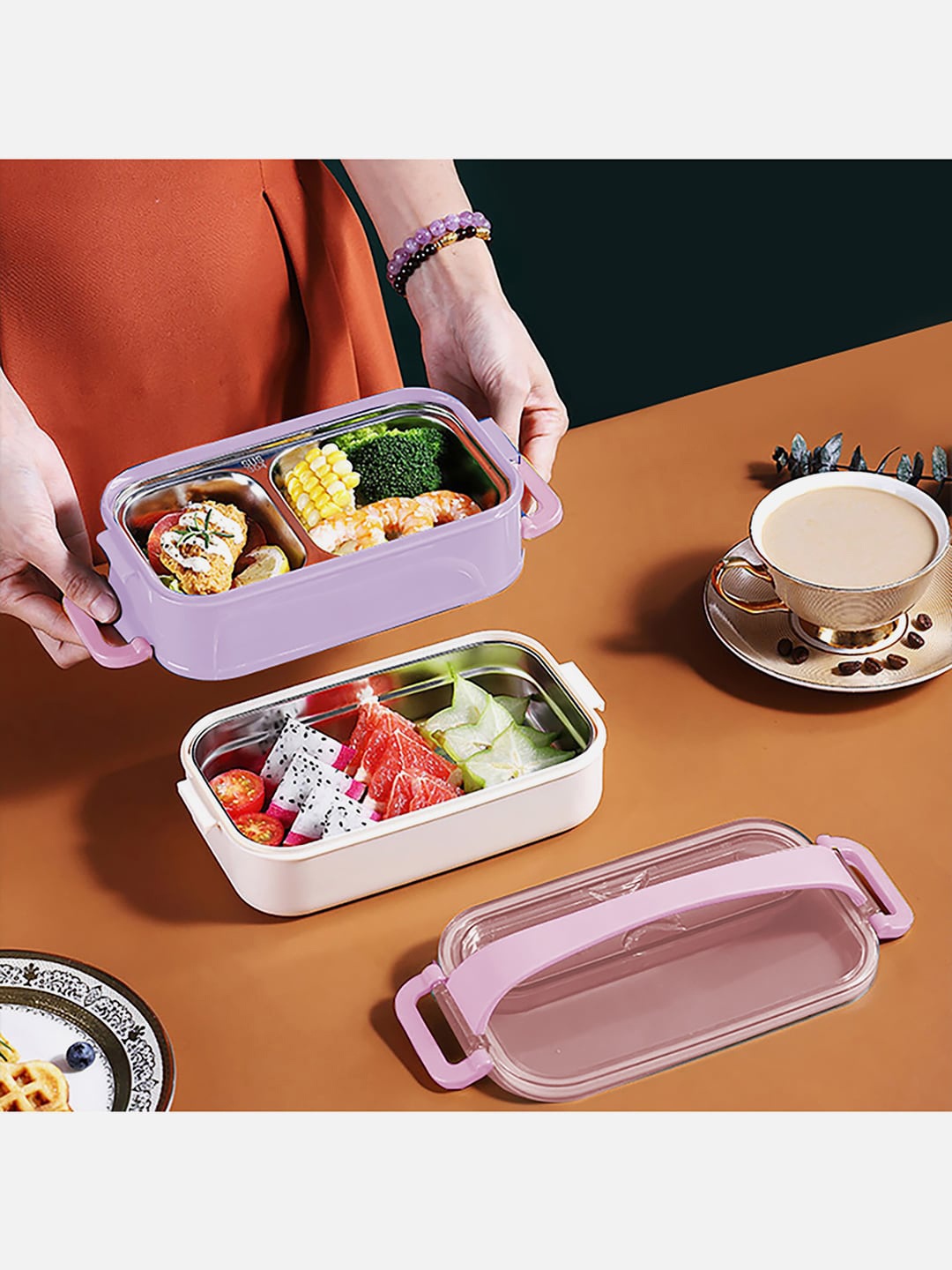 

Little Surprise Box LLP Purple & Pink Double Storey Double Lock Stainless Steel Lunch Box