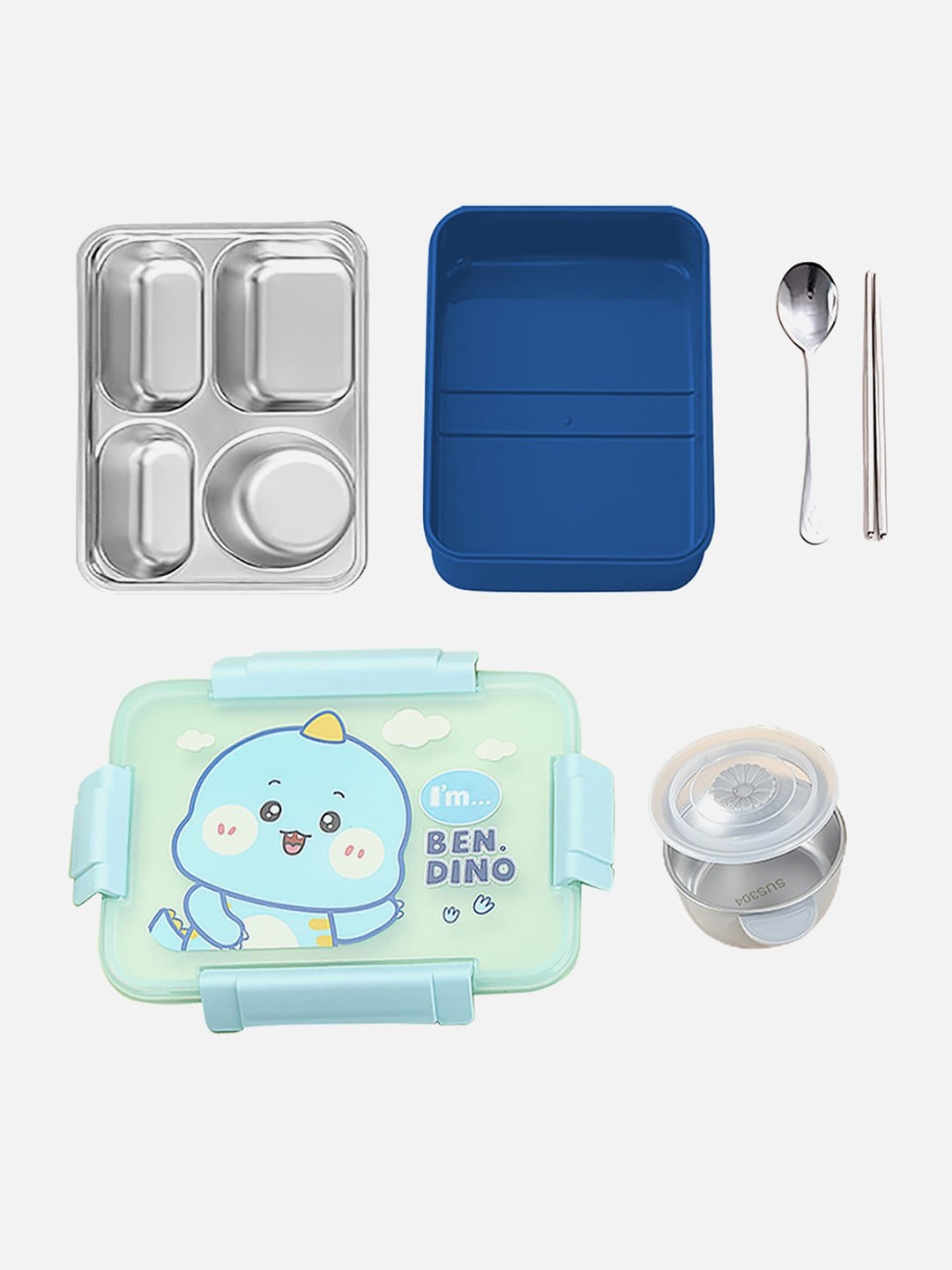 

Little Surprise Box LLP Kids Blue Dino Printed Double Lock Stainless Steel Lunch Box