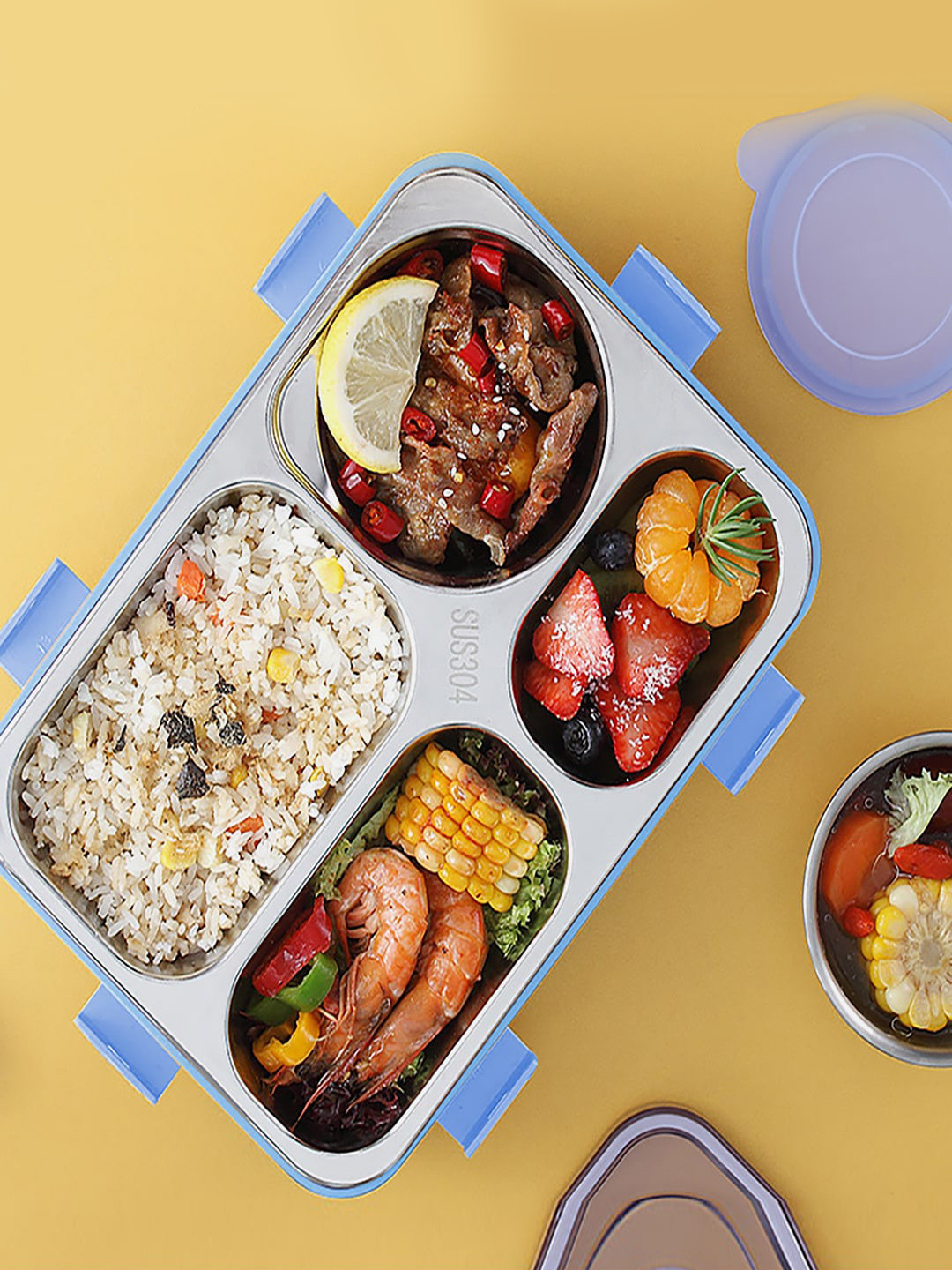 

Little Surprise Box LLP Kids Blue Transparent Lid Double Lock Stainless Steel Lunch Box