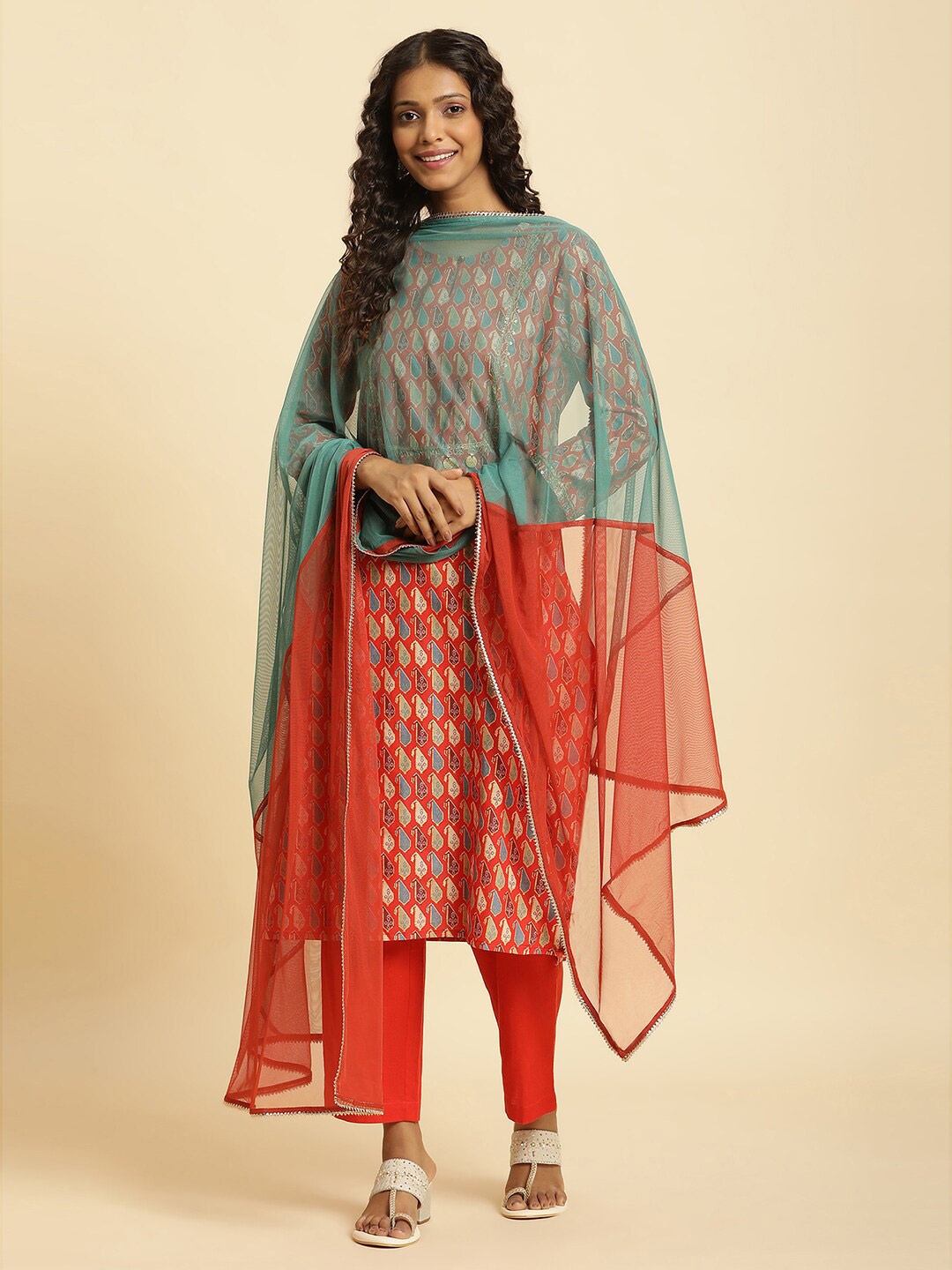 

W Colourblocked Dupatta with Gotta Patti, Orange