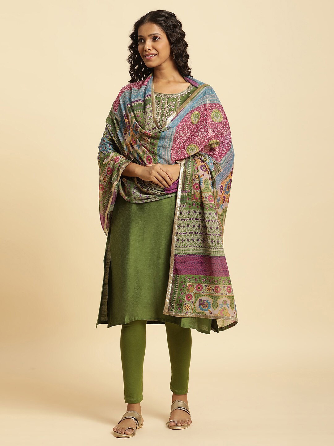 

W Pink & Green Printed Dupatta