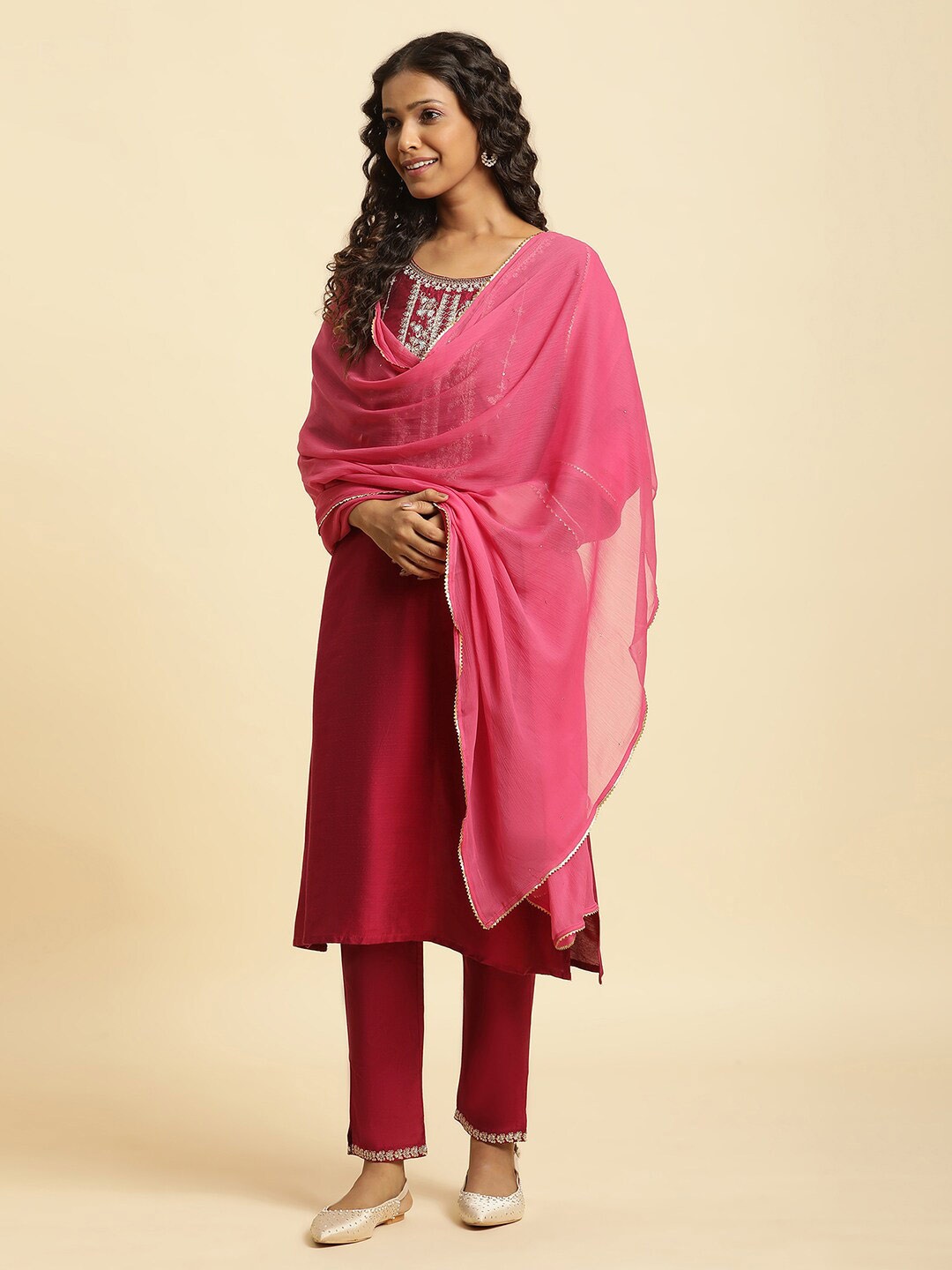 

W Dupatta with Mukaish, Pink