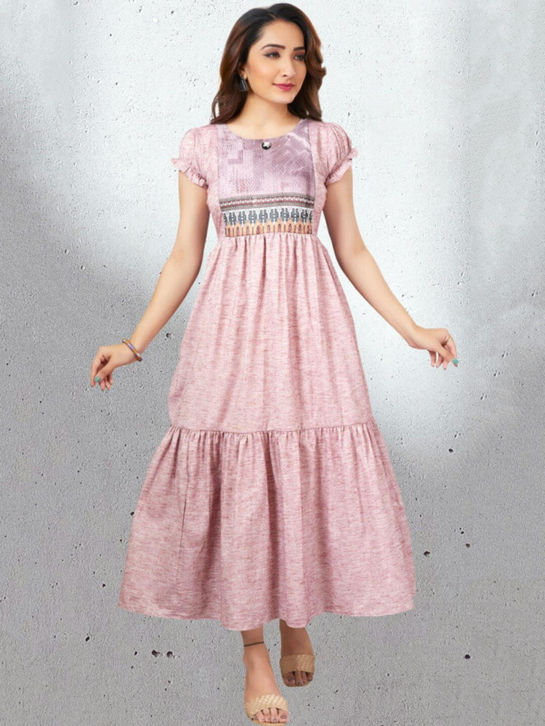 

CEE-18 Abstract Printed Puff Sleeves Maternity Cotton Fit & Flare Midi Dress, Pink