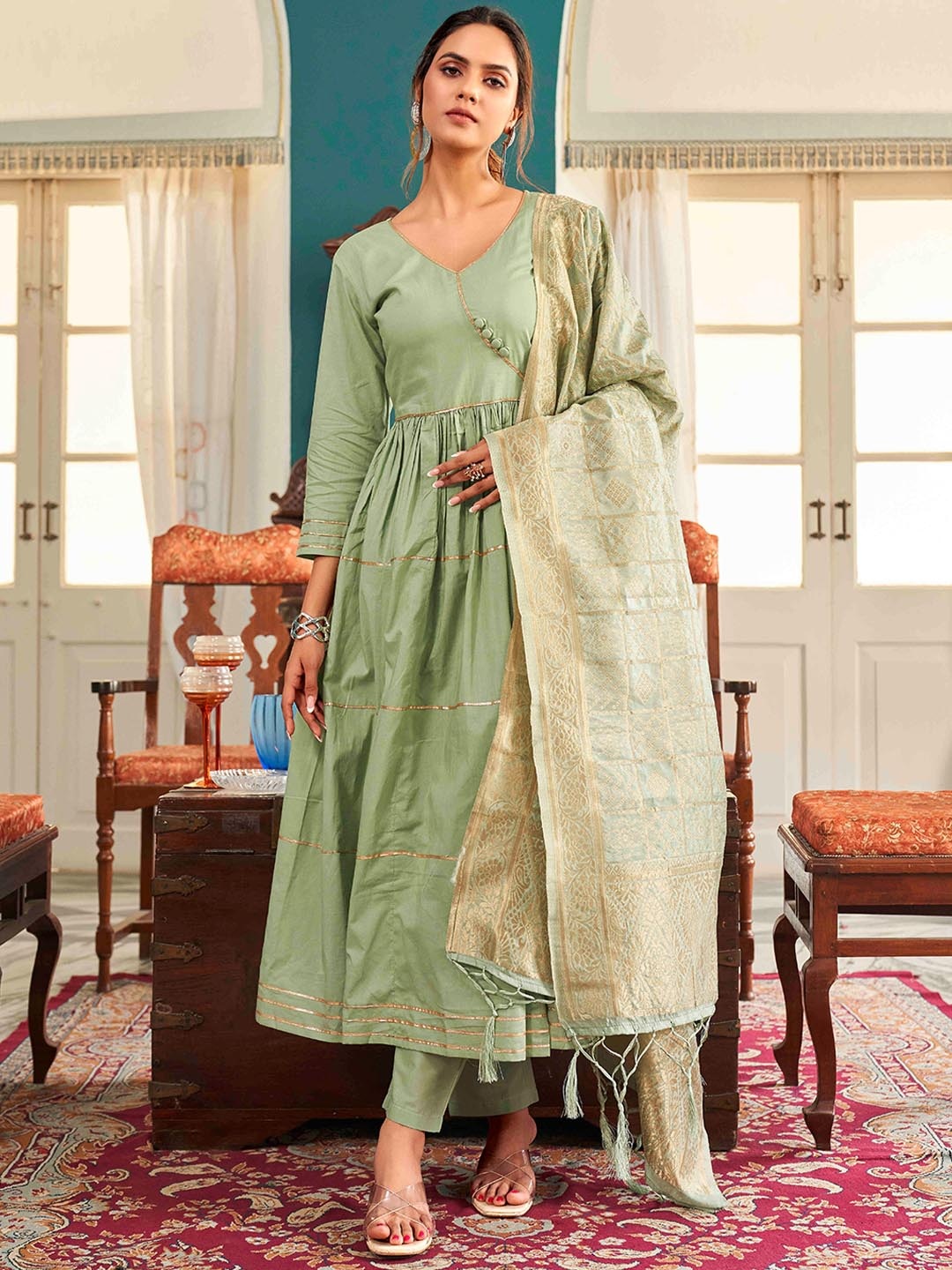 

Tikhi Imli Gotta Patti Pure Cotton Kurta With Trousers & Dupatta, Sea green