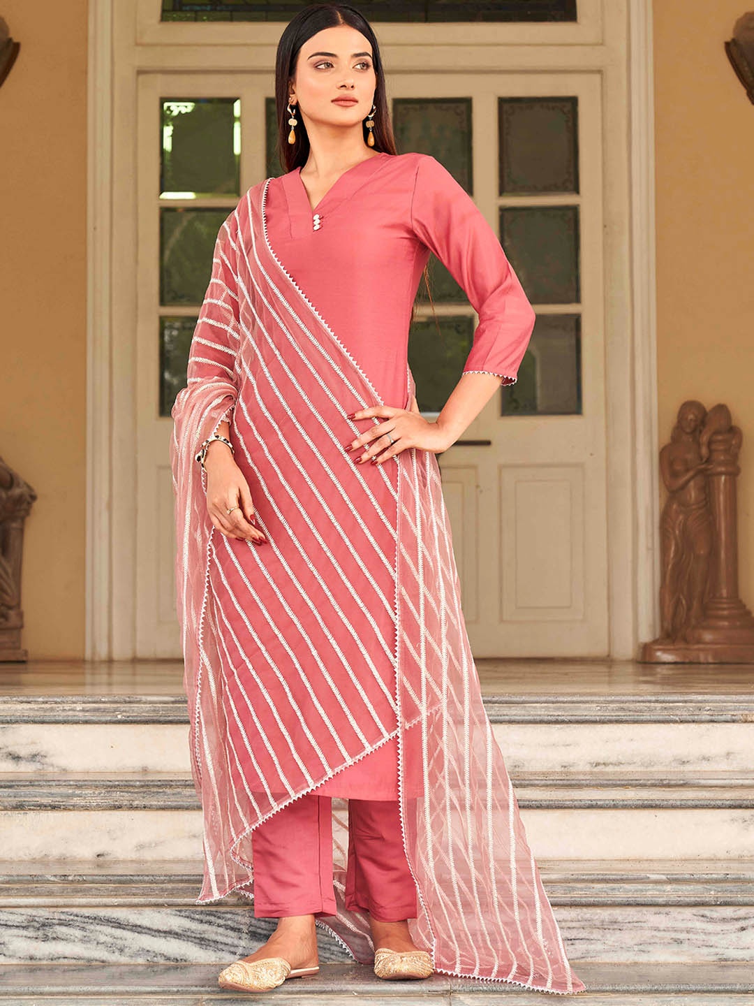 

Tikhi Imli V-Neck Pure Cotton Kurta With Trousers & Dupatta, Pink