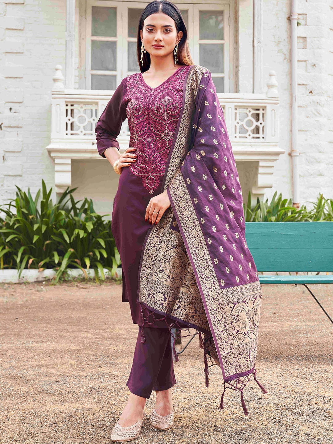 

Tikhi Imli Floral Yoke Design Thread Work Kurta With Trousers & Dupatta, Purple
